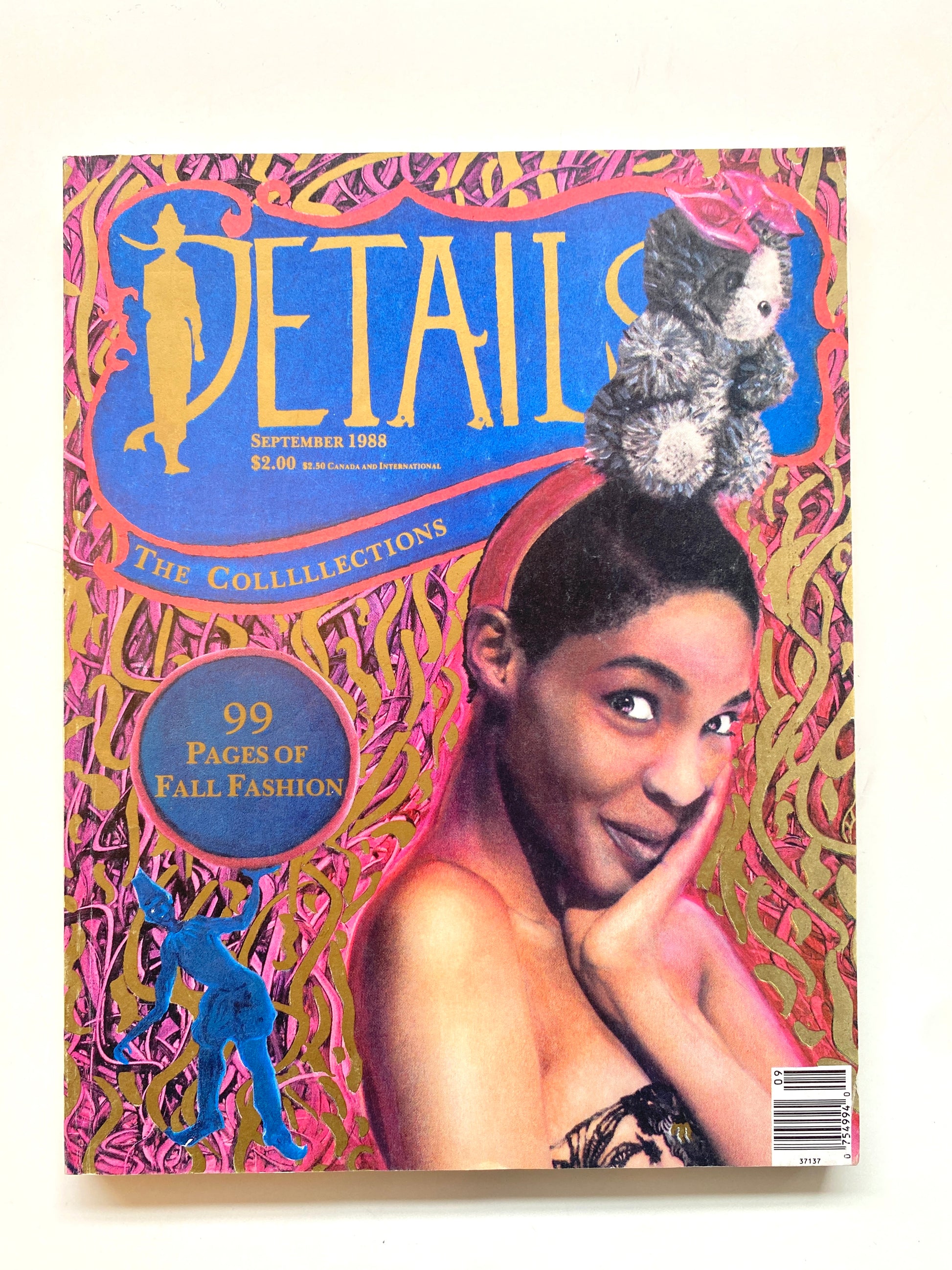September 1988 issue of Detail magazine, featuring a colorful cover illustration with the title 'DETAIL' in large gold letters, a blue circular badge, and a stylized portrait of a woman with a teddy bear on her head against a pink and gold patterned background.