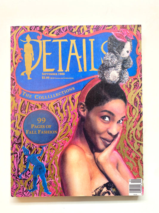 September 1988 issue of Detail magazine, featuring a colorful cover illustration with the title 'DETAIL' in large gold letters, a blue circular badge, and a stylized portrait of a woman with a teddy bear on her head against a pink and gold patterned background.