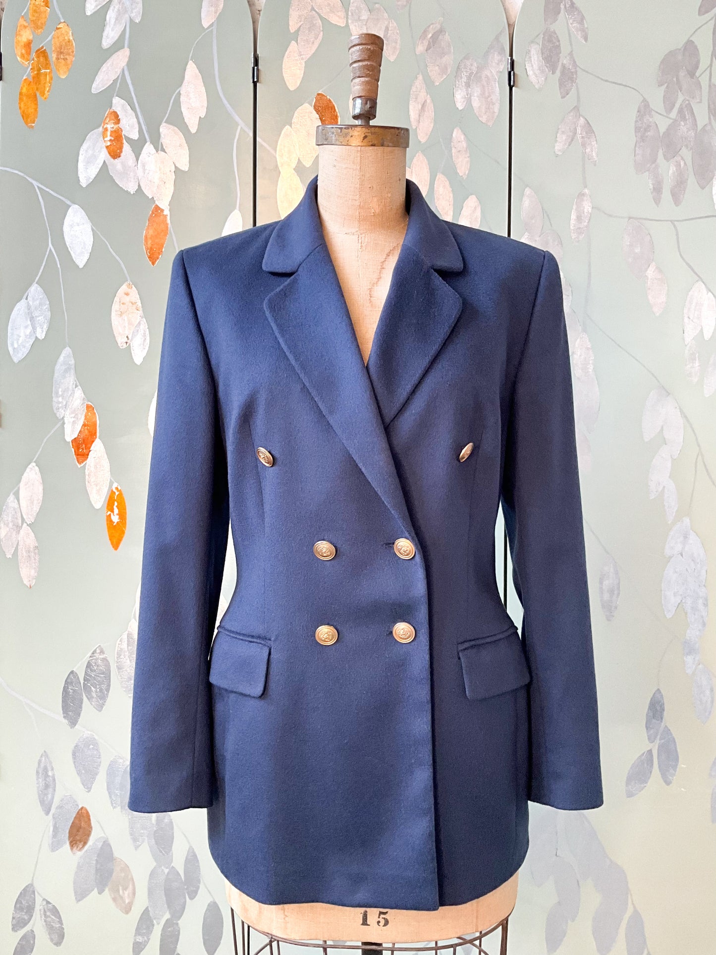 Vintage 1990s Navy Cashmere Double Breasted Blazer, Medium