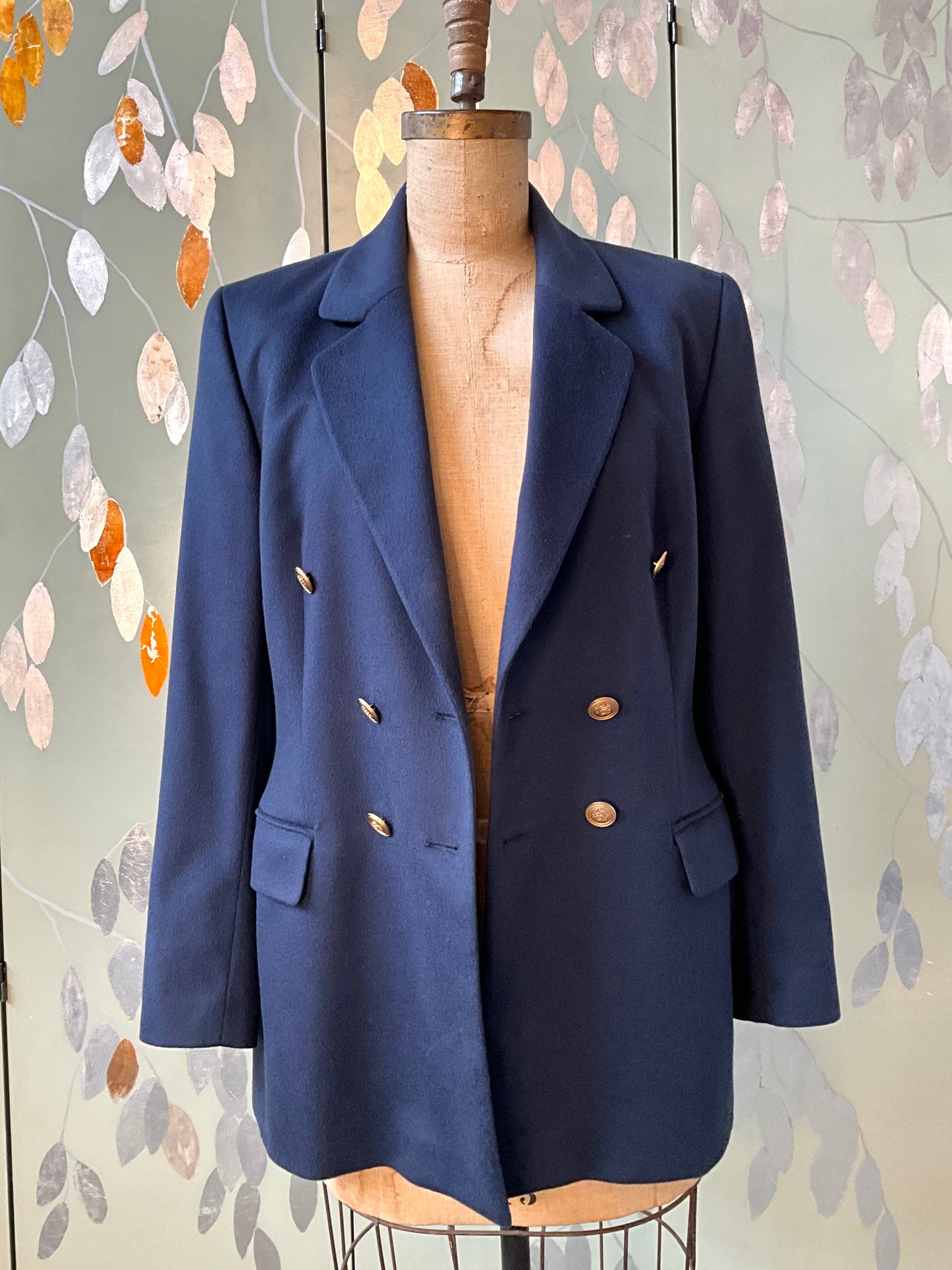Vintage 1990s Navy Cashmere Double Breasted Blazer, Medium