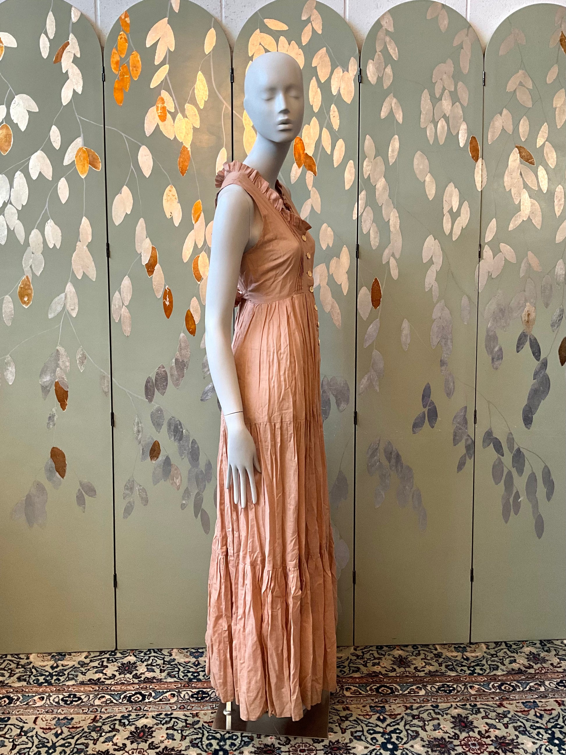 Vintage 1970s Droopy and Browns Pink Cotton Boho Maxi Dress, Small