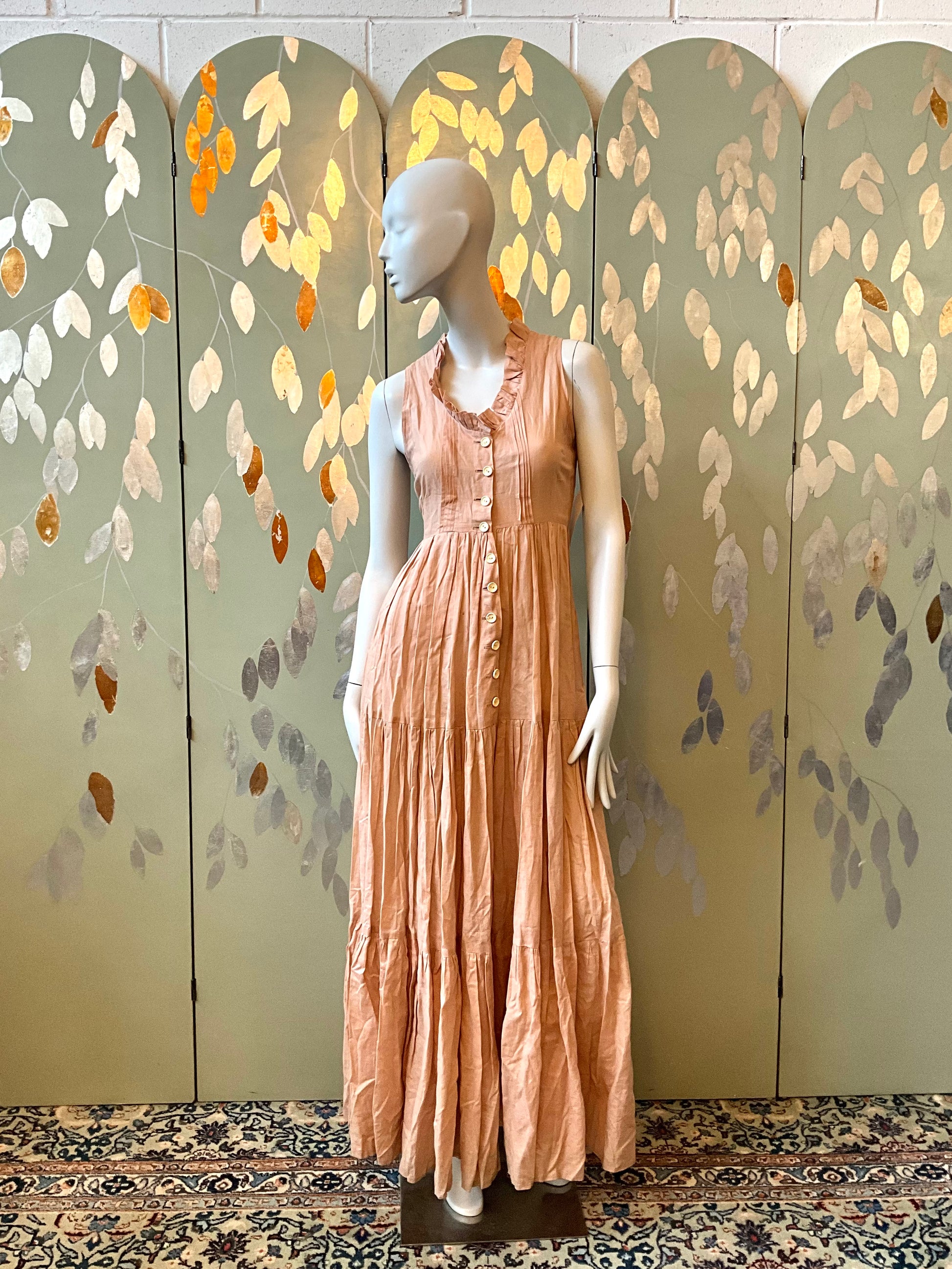 Vintage 1970s Droopy and Browns Pink Cotton Boho Maxi Dress, Small