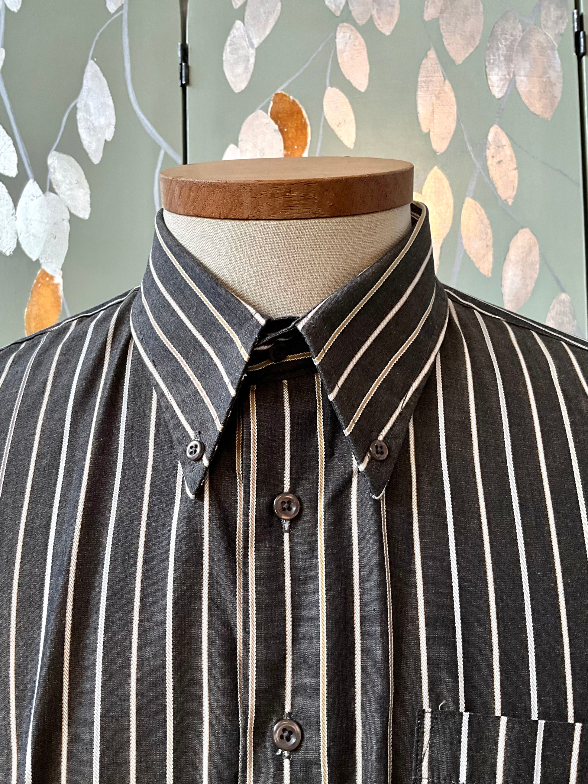brown striped dress shirt Linen-Cotton Vintage Vertical Stripe Shirt