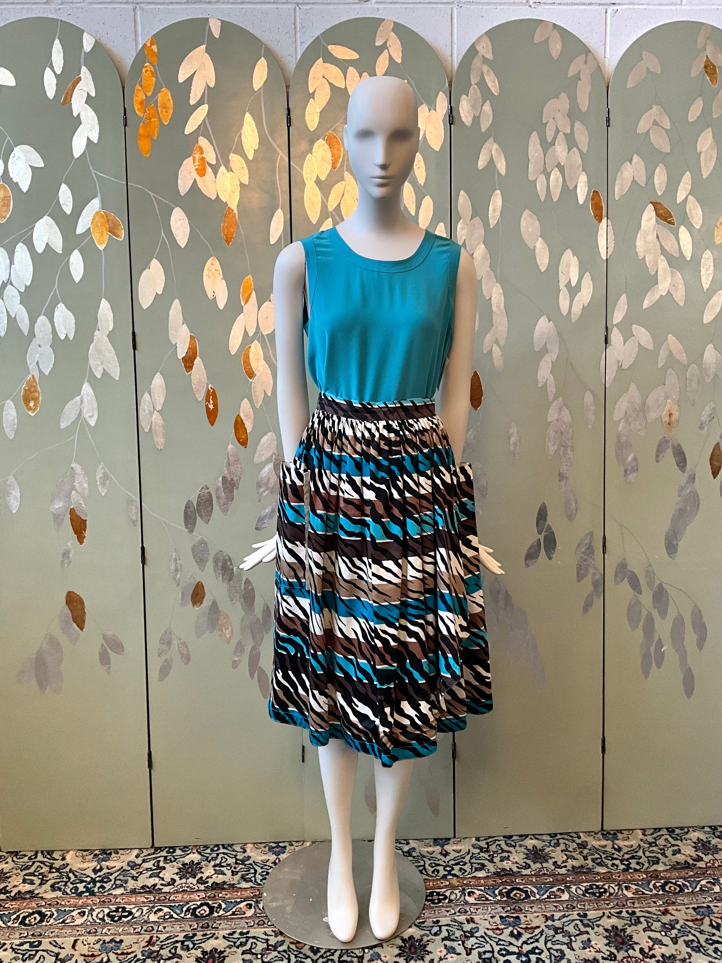 Vintage 1980s Escada Blue and Brown Stripe Zebra Cotton Midi Skirt, Medium