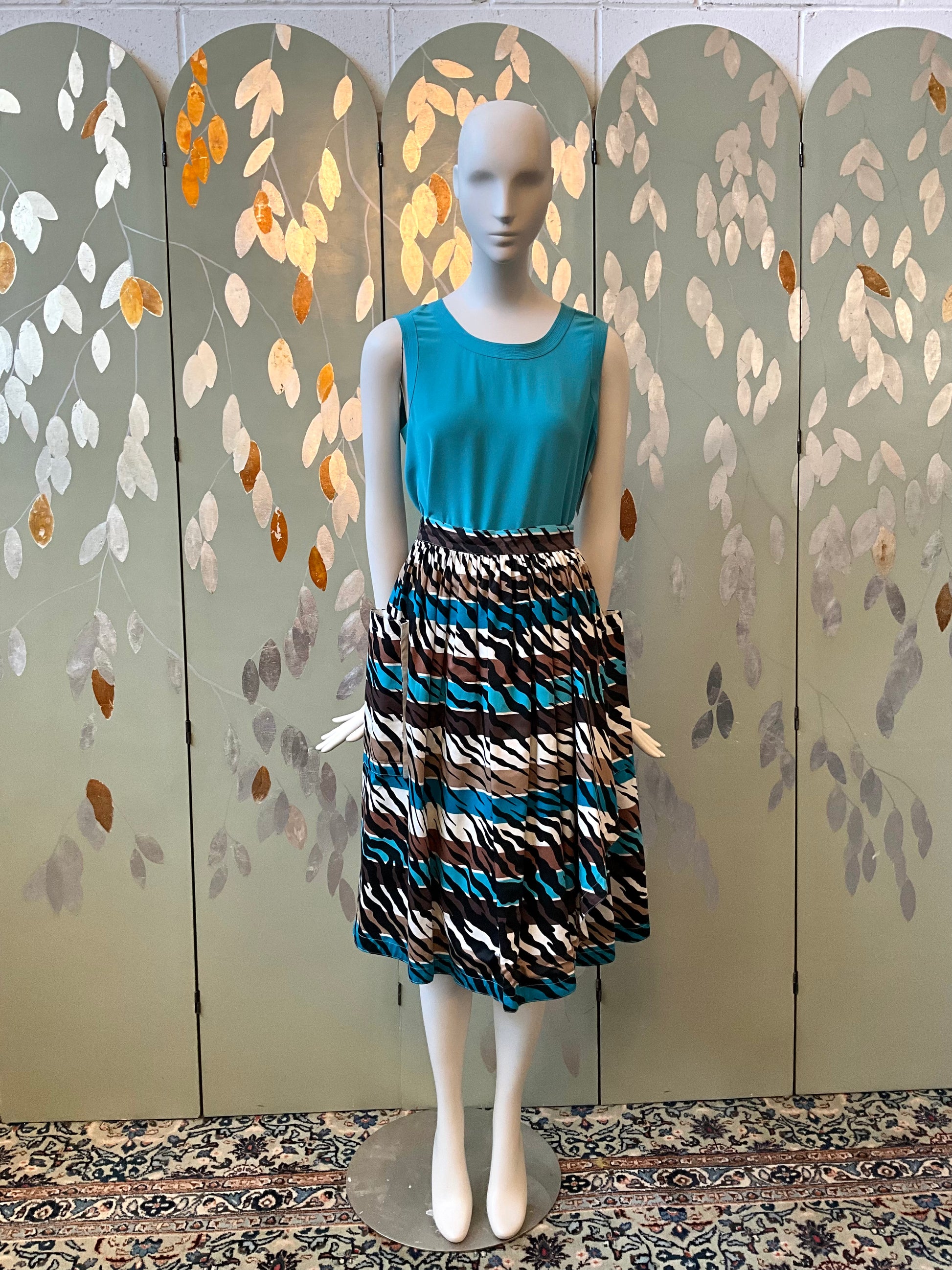 Vintage 1980s Escada Blue and Brown Stripe Zebra Cotton Midi Skirt, Medium