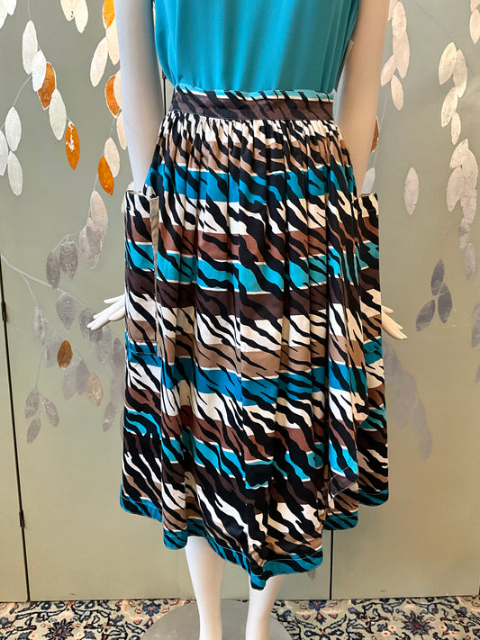 Vintage 1980s Escada Blue and Brown Stripe Zebra Cotton Midi Skirt, Medium