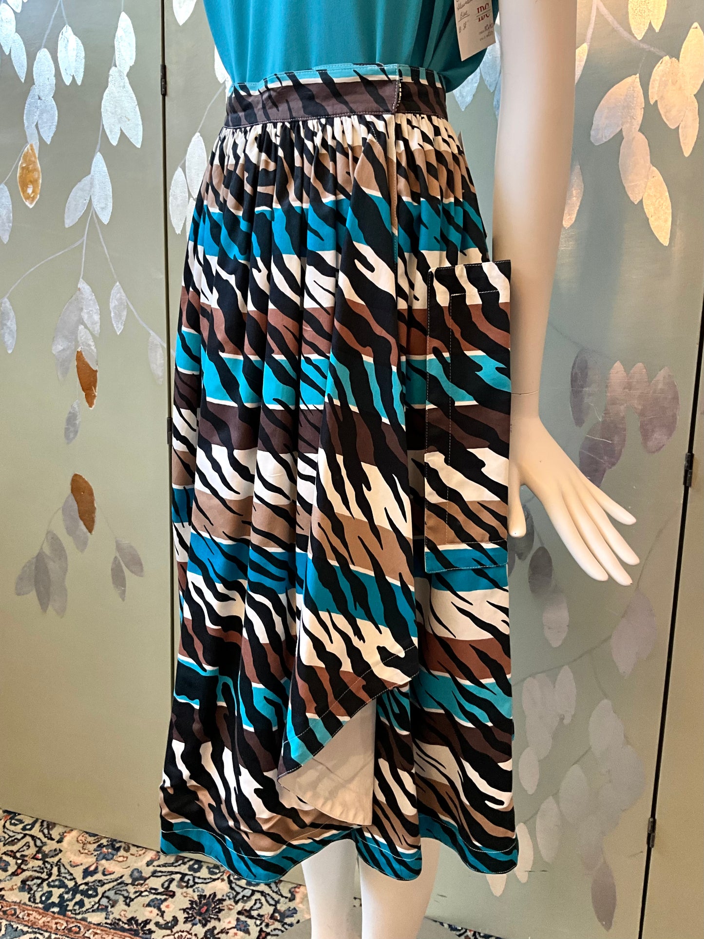 Vintage 1980s Escada Blue and Brown Stripe Zebra Cotton Midi Skirt, Medium