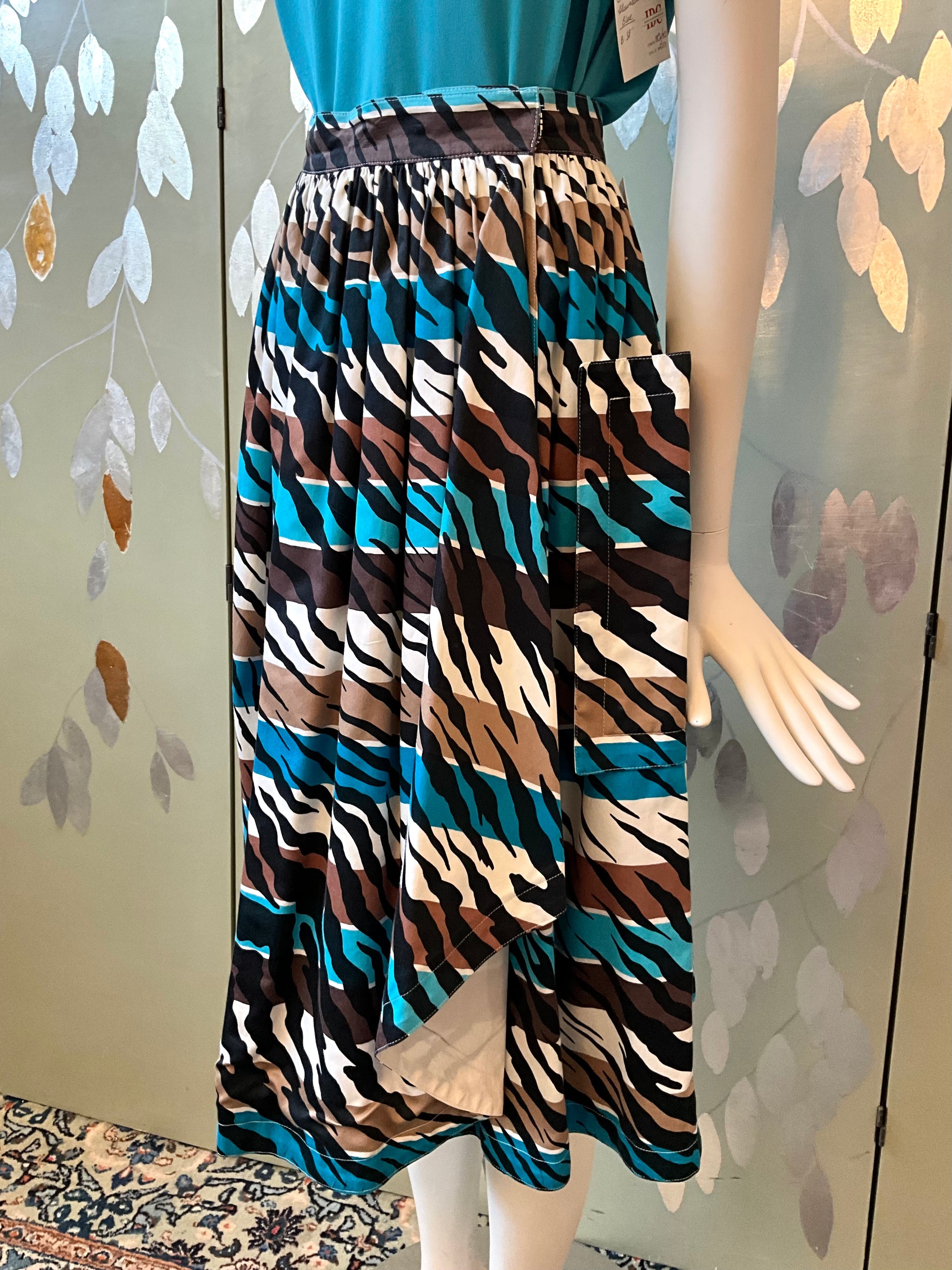 Vintage 1980s Escada Blue and Brown Stripe Zebra Cotton Midi Skirt, Medium