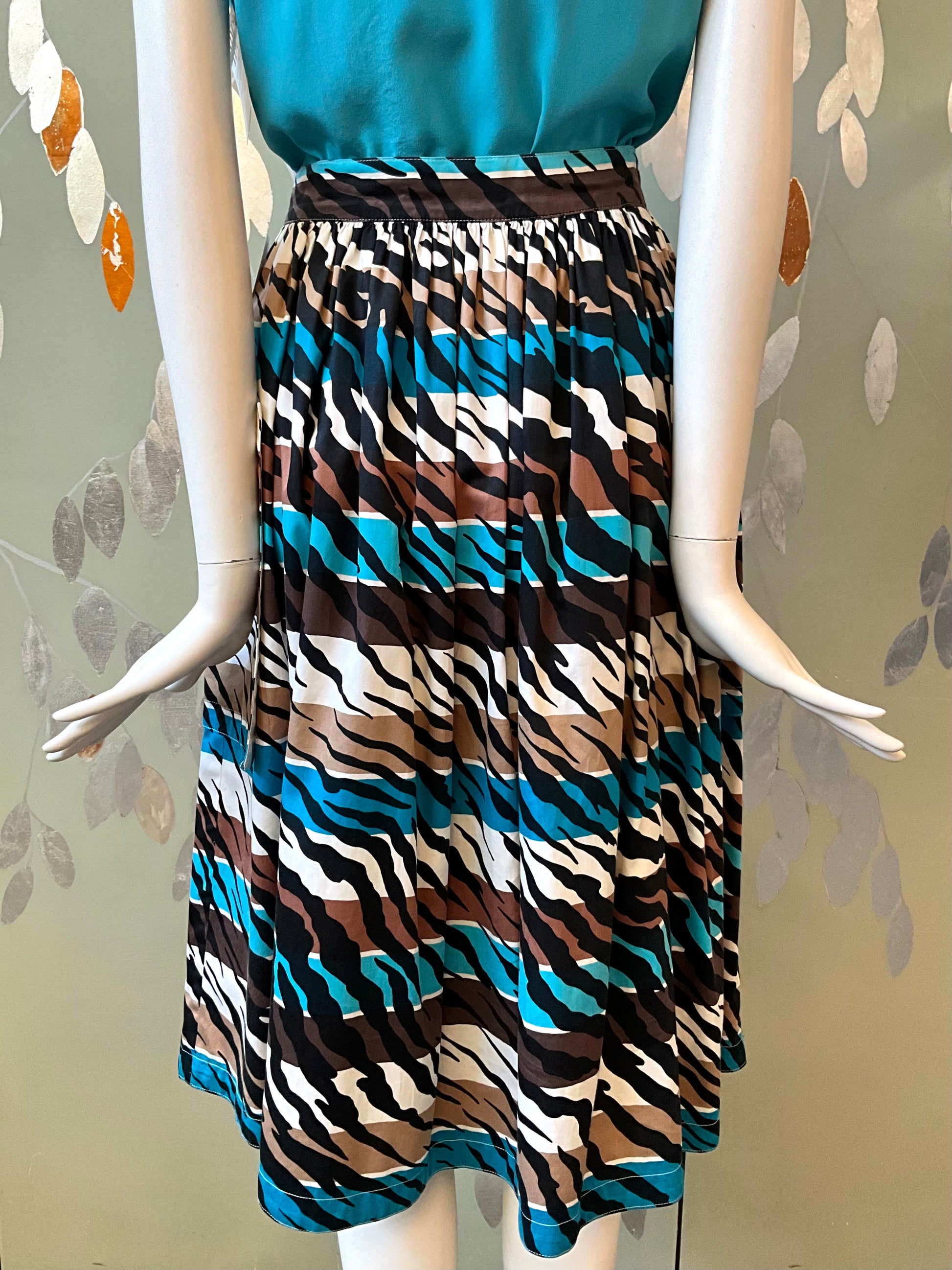 Vintage 1980s Escada Blue and Brown Stripe Zebra Cotton Midi Skirt, Medium