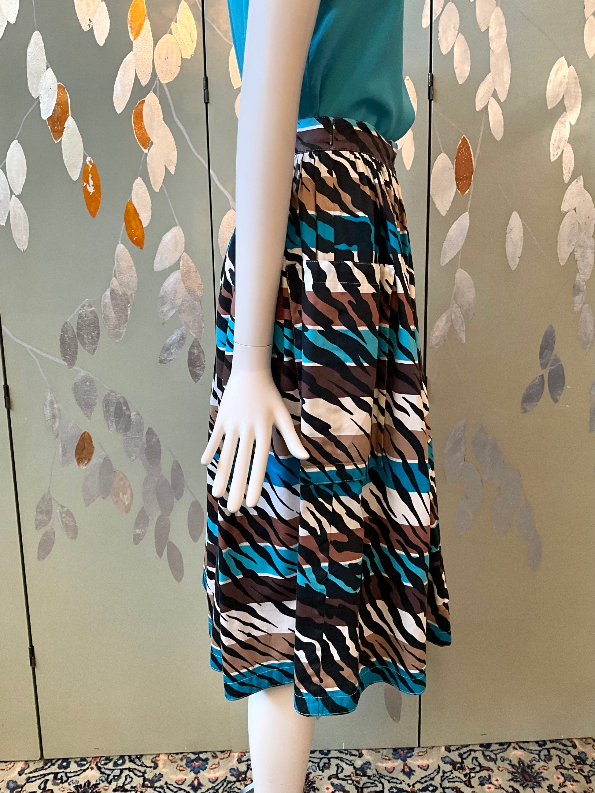 Vintage 1980s Escada Blue and Brown Stripe Zebra Cotton Midi Skirt, Medium