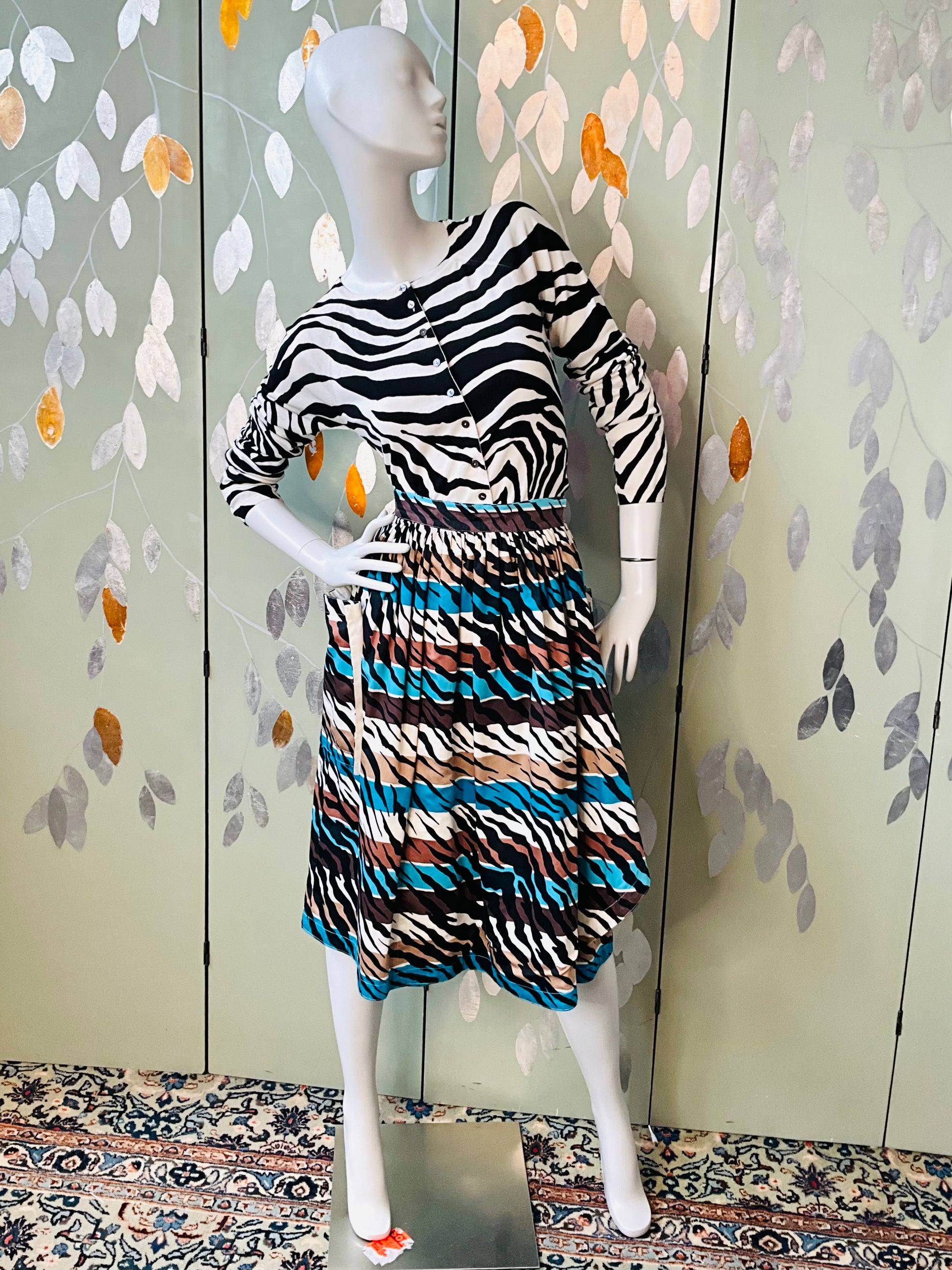 Vintage 1980s Escada Blue and Brown Stripe Zebra Cotton Midi Skirt, Medium
