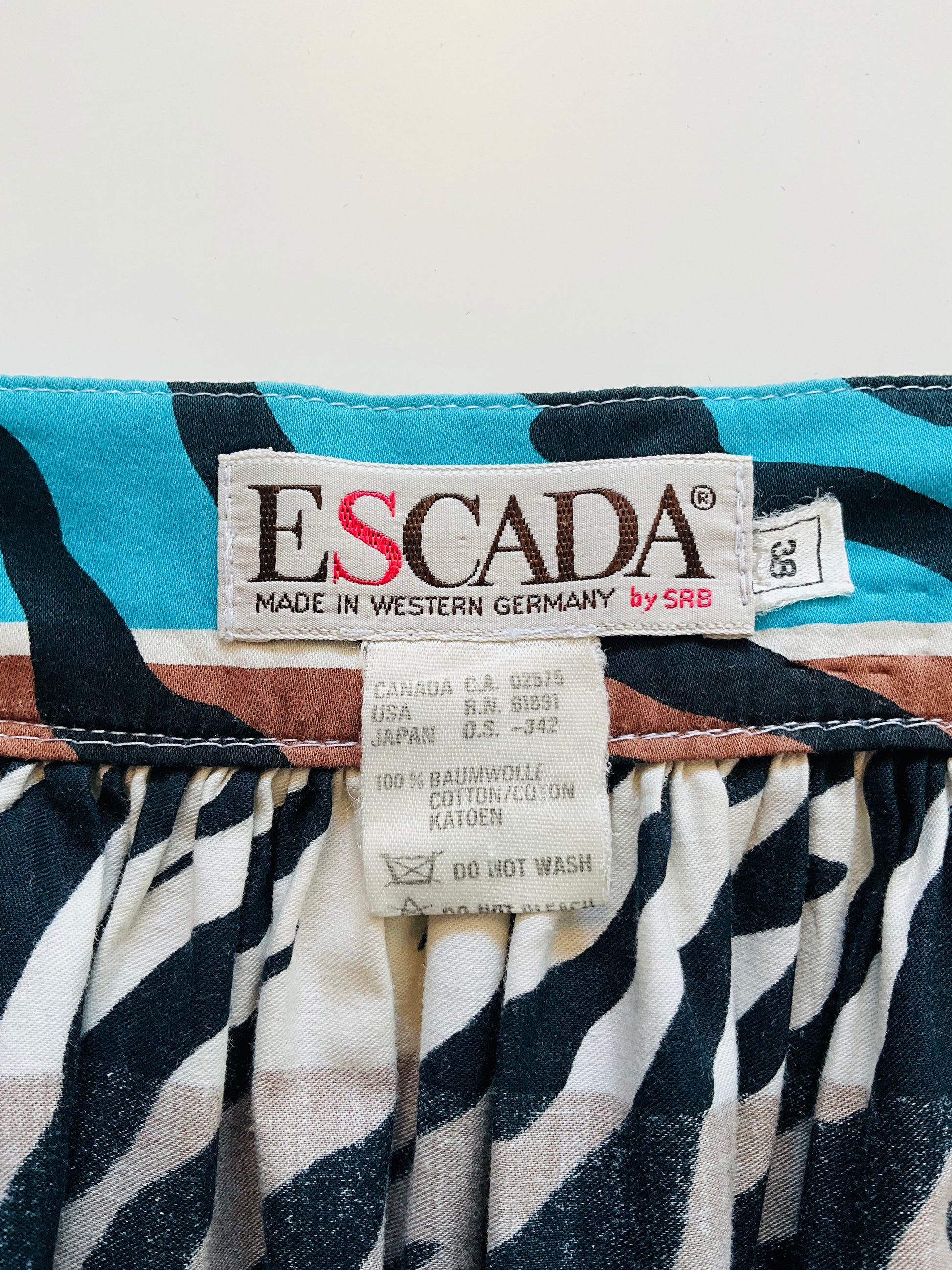Vintage 1980s Escada Blue and Brown Stripe Zebra Cotton Midi Skirt, Medium