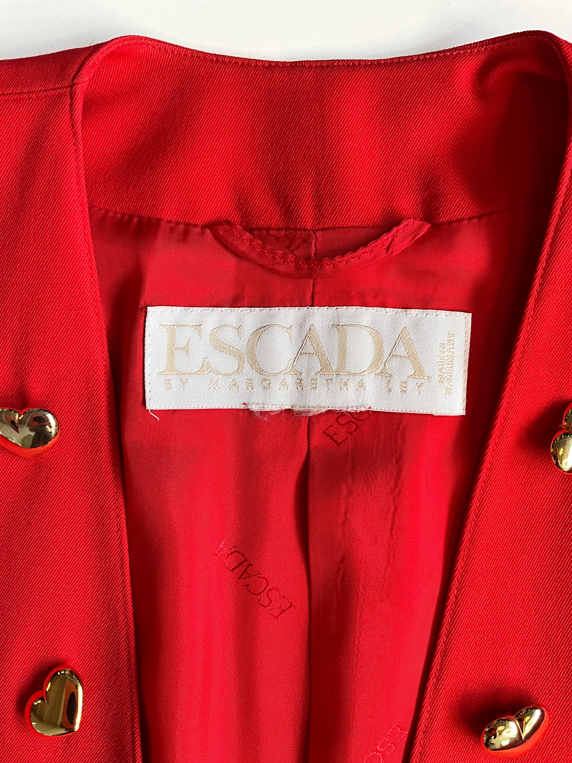 Vintage 1980s Escada Red Blazer with Gold Heart Buttons, Medium