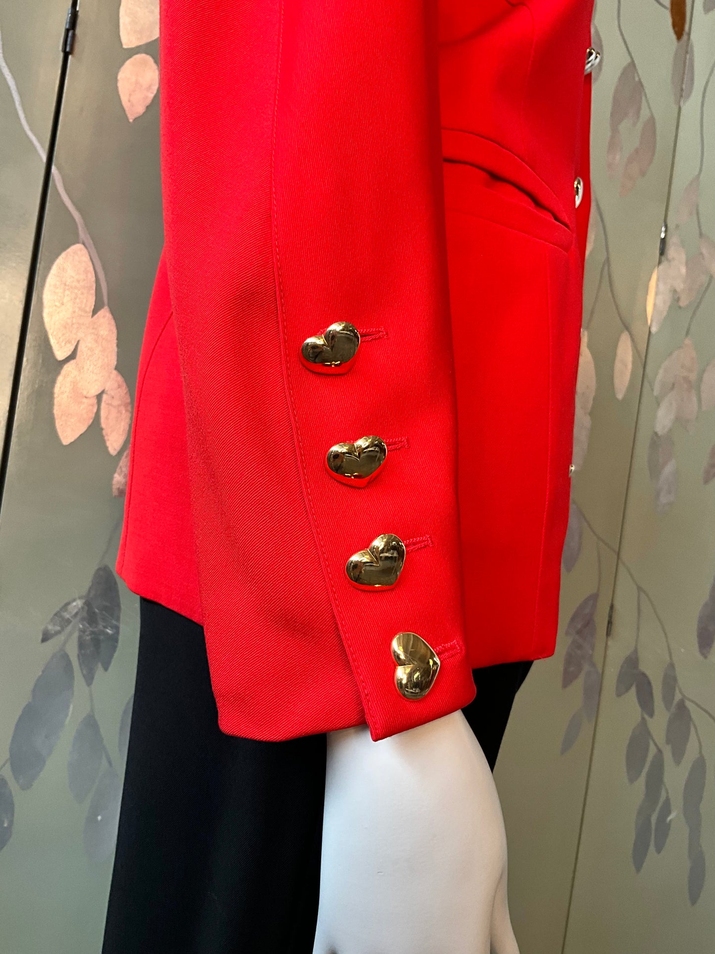 Vintage 1980s Escada Red Blazer with Gold Heart Buttons, Medium
