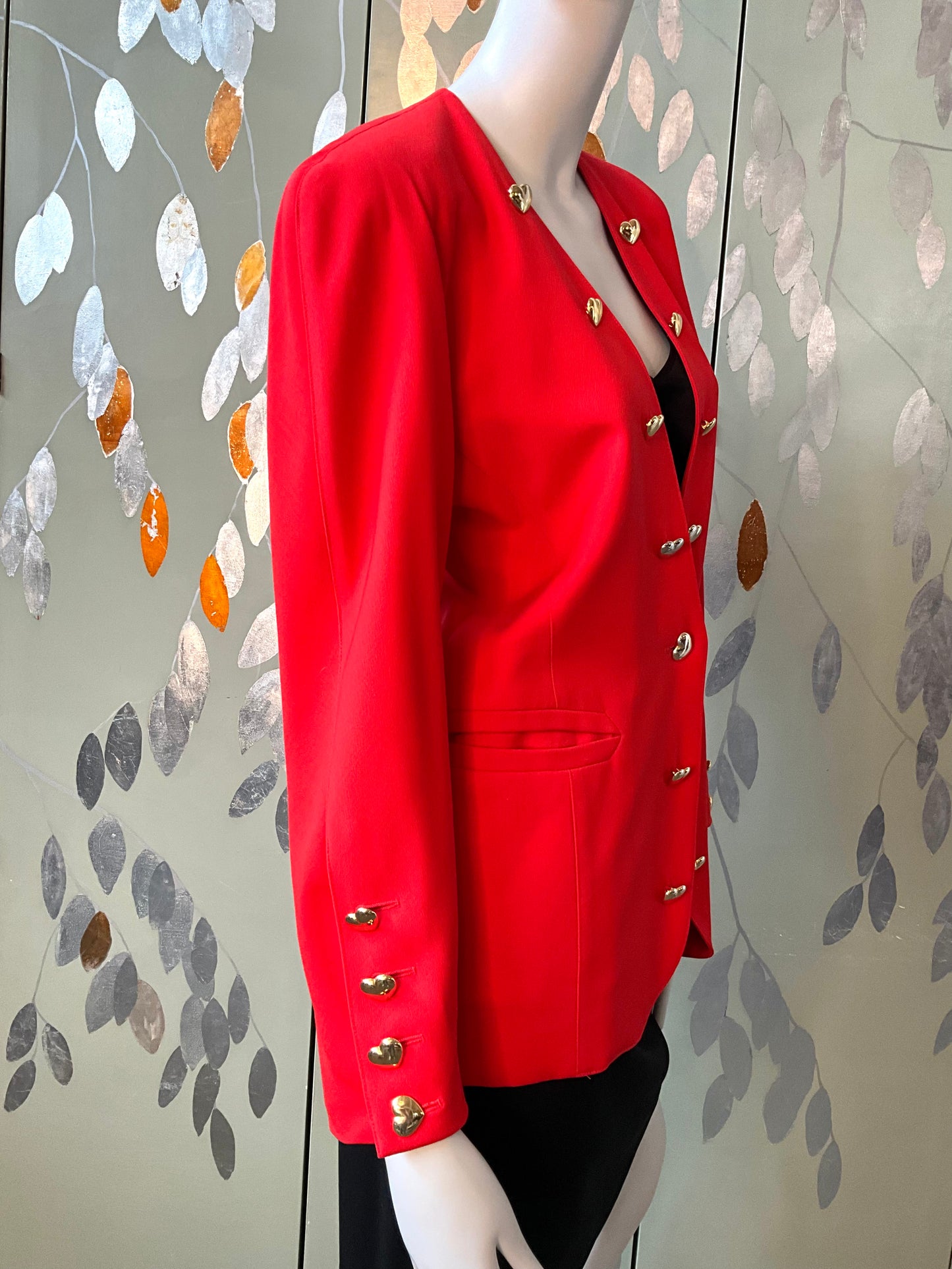 Vintage 1980s Escada Red Blazer with Gold Heart Buttons, Medium