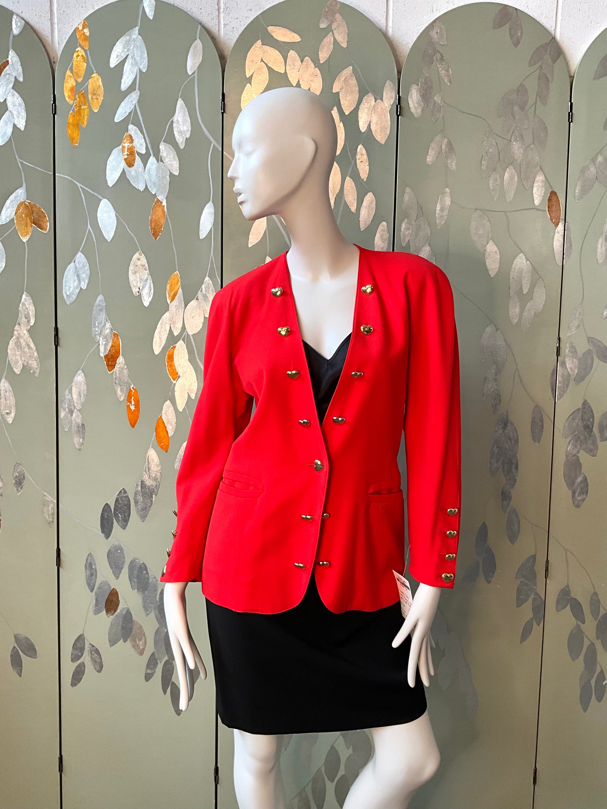 Vintage 1980s Escada Red Blazer with Gold Heart Buttons, Medium