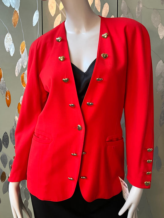 Vintage 1980s Escada Red Blazer with Gold Heart Buttons, Medium