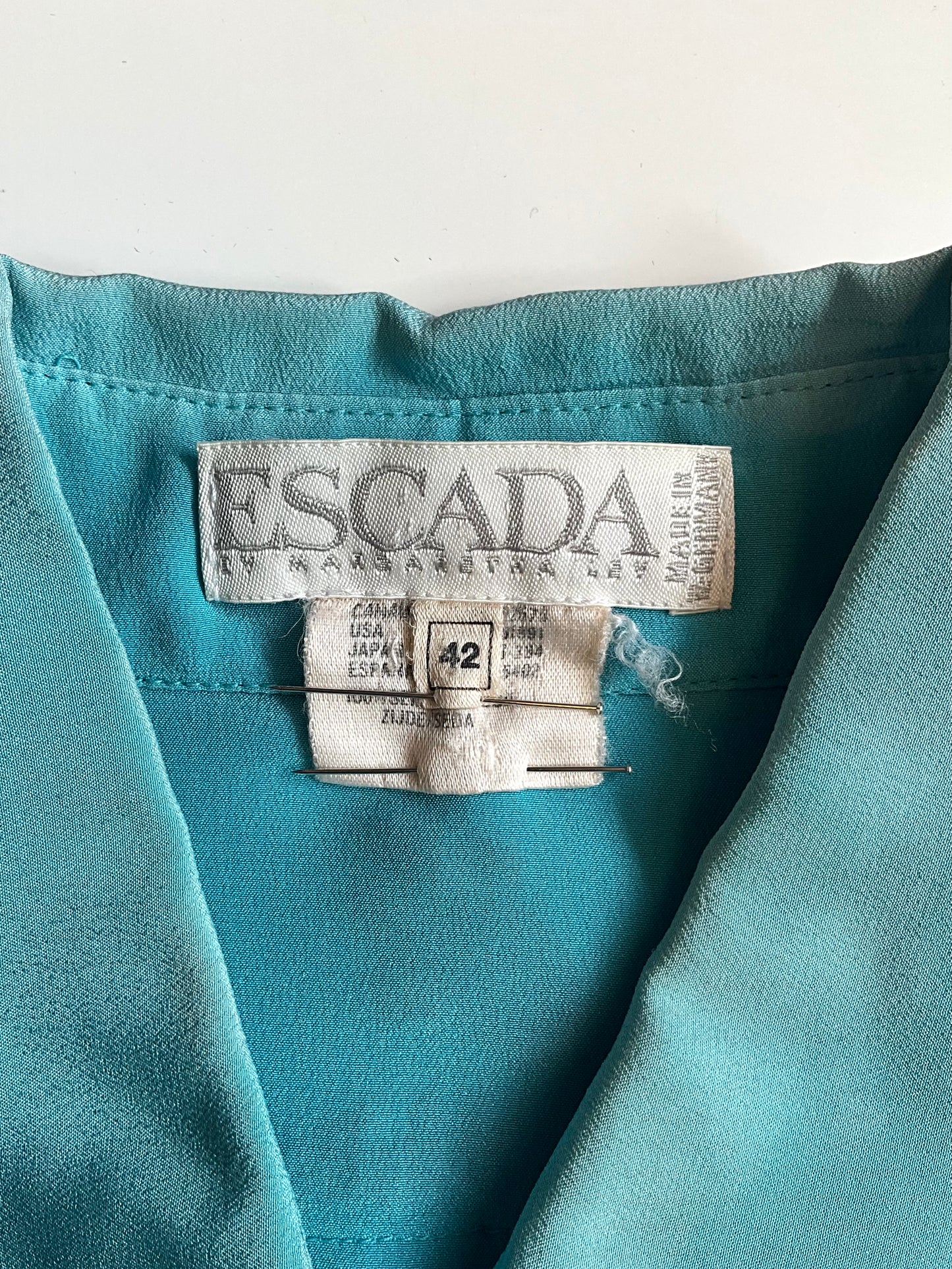 Vintage 1980s Escada Blue Embroidered Tiger Cub Silk Blouse, XL