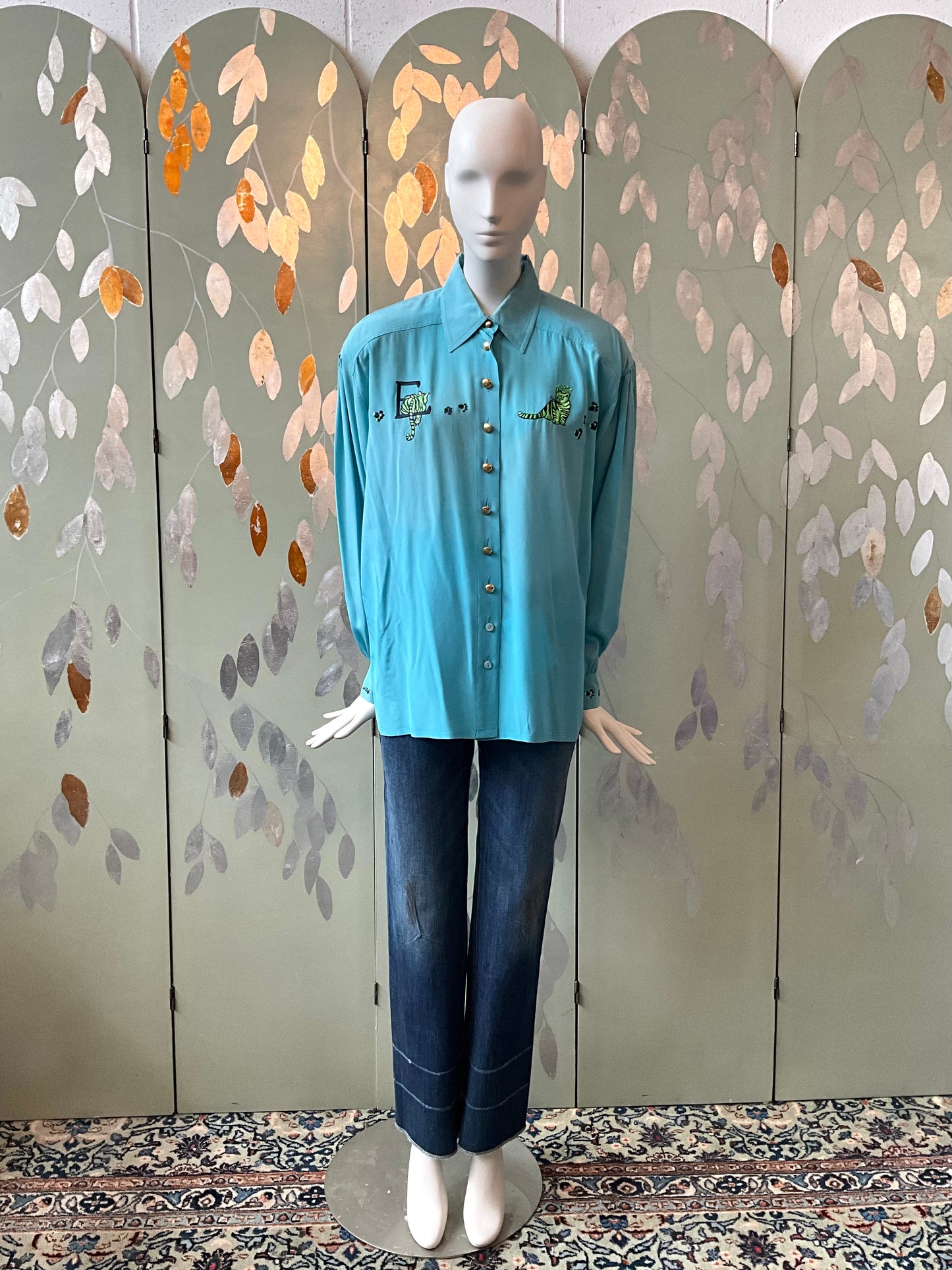 Vintage 1980s Escada Blue Embroidered Tiger Cub Silk Blouse, XL