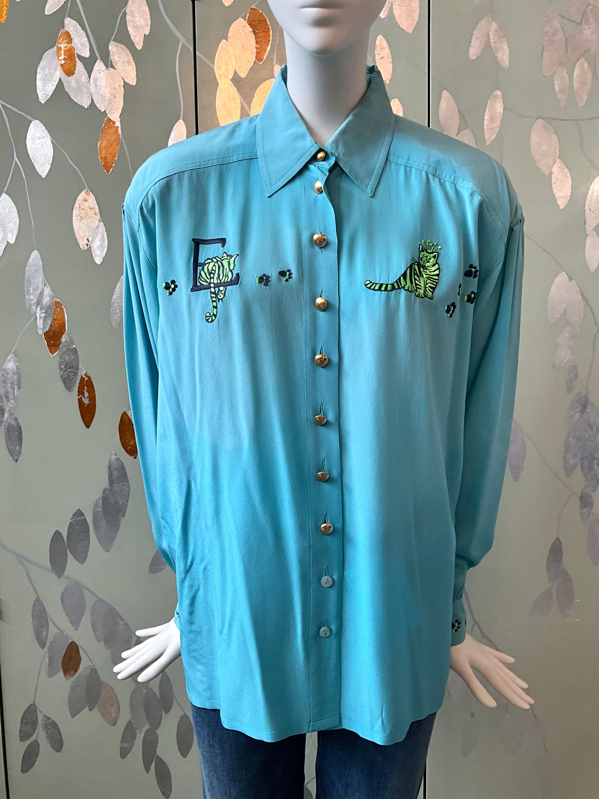 Vintage 1980s Escada Blue Embroidered Tiger Cub Silk Blouse, XL