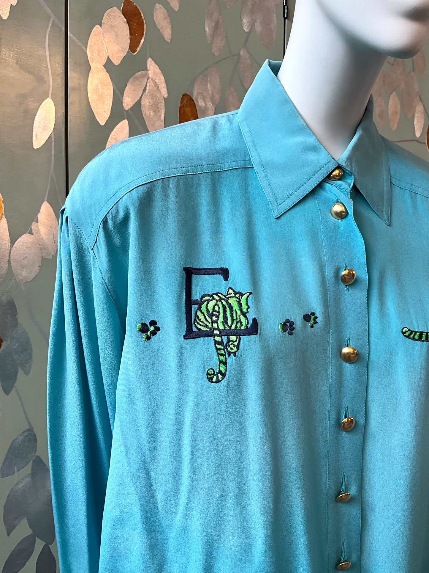Vintage 1980s Escada Blue Embroidered Tiger Cub Silk Blouse, XL