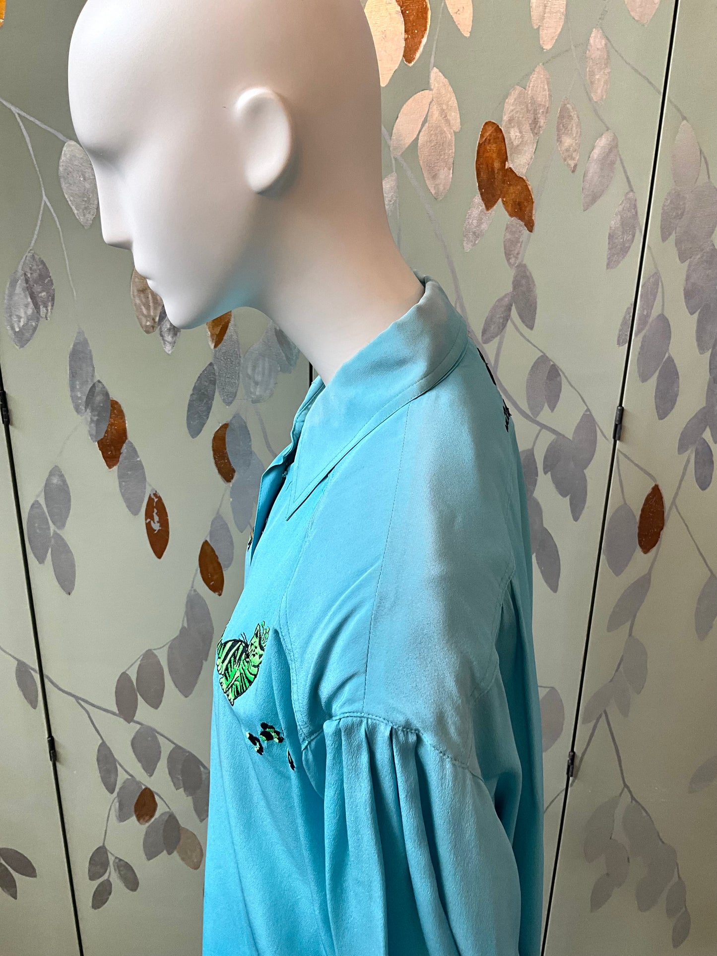 Vintage 1980s Escada Blue Embroidered Tiger Cub Silk Blouse, XL