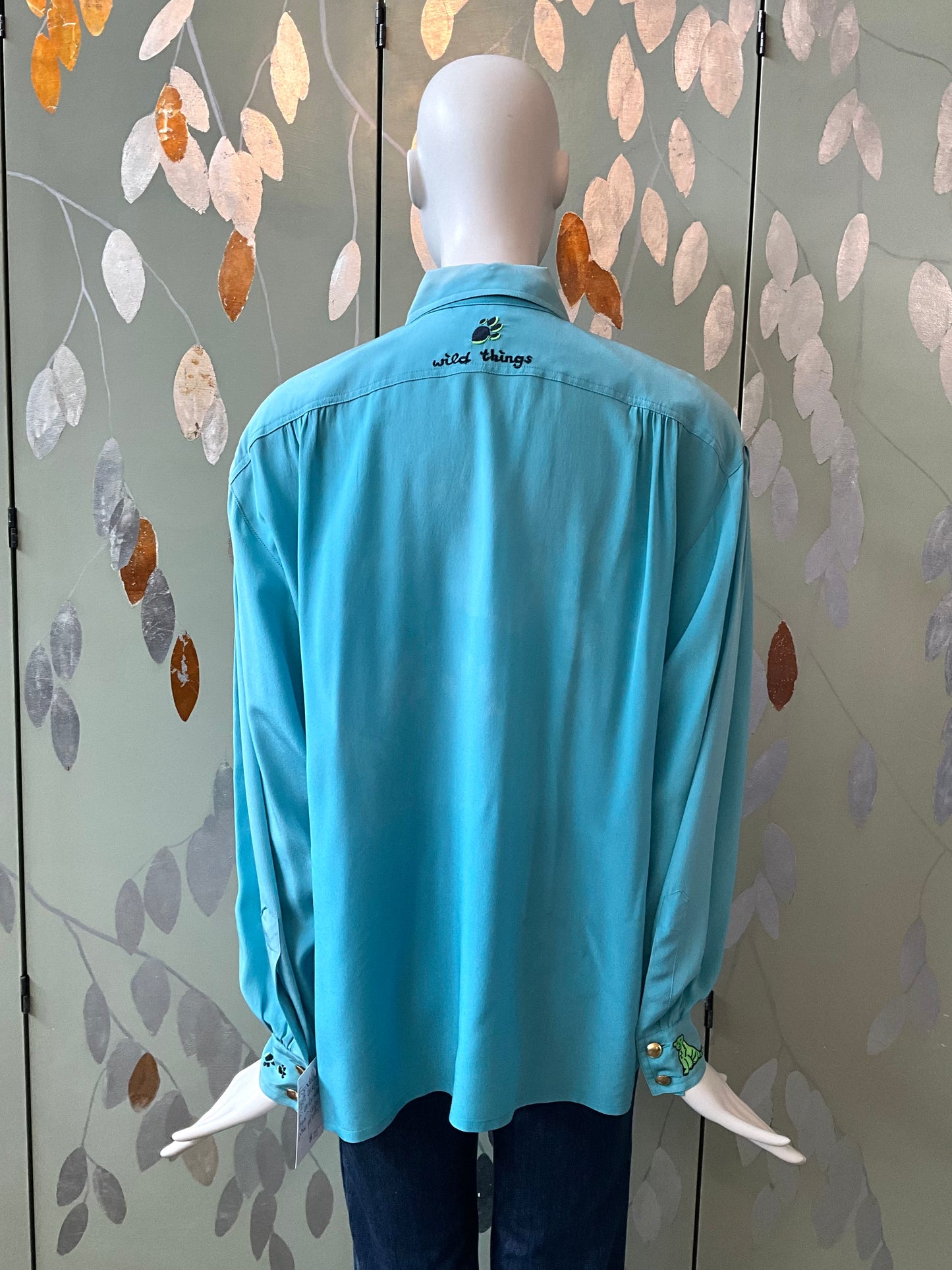 Vintage 1980s Escada Blue Embroidered Tiger Cub Silk Blouse, XL