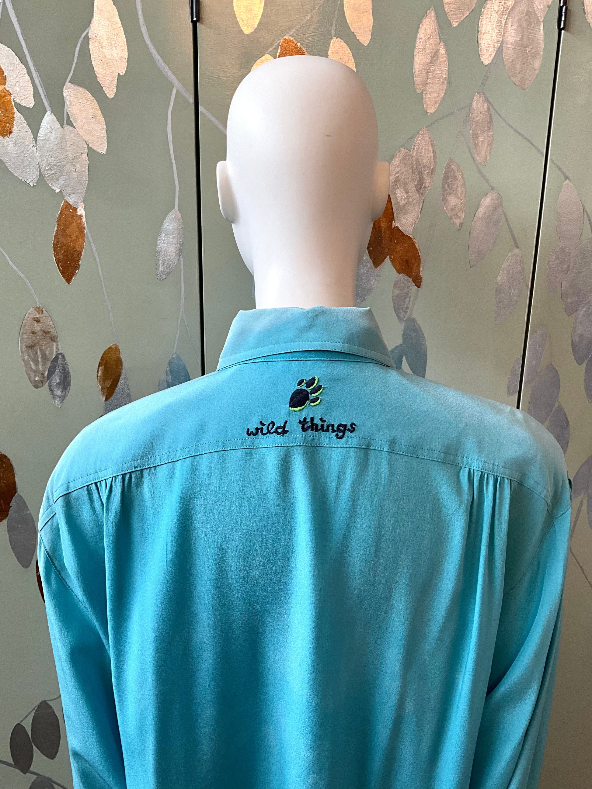 Vintage 1980s Escada Blue Embroidered Tiger Cub Silk Blouse, XL
