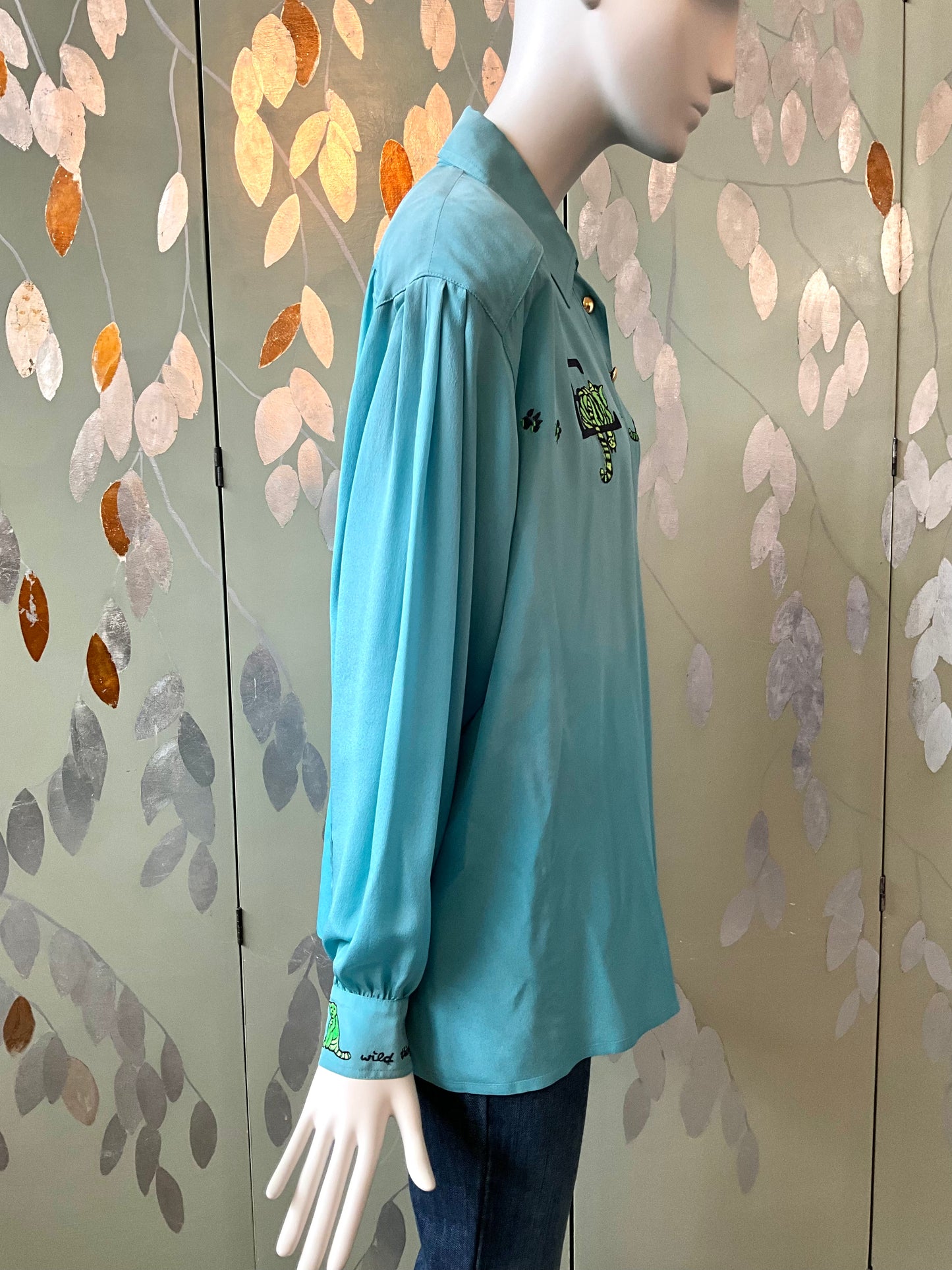 Vintage 1980s Escada Blue Embroidered Tiger Cub Silk Blouse, XL