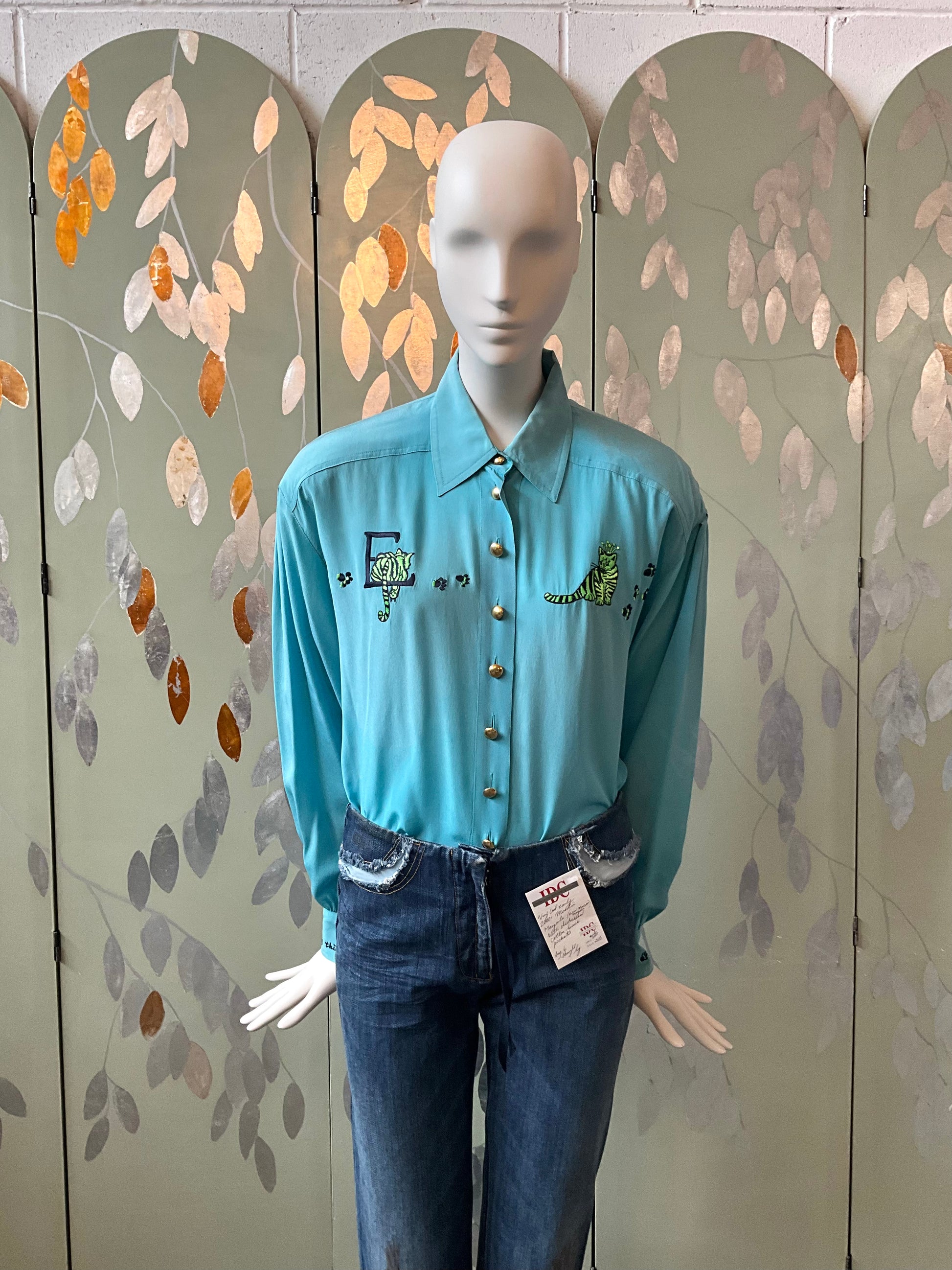 Vintage 1980s Escada Blue Embroidered Tiger Cub Silk Blouse, XL
