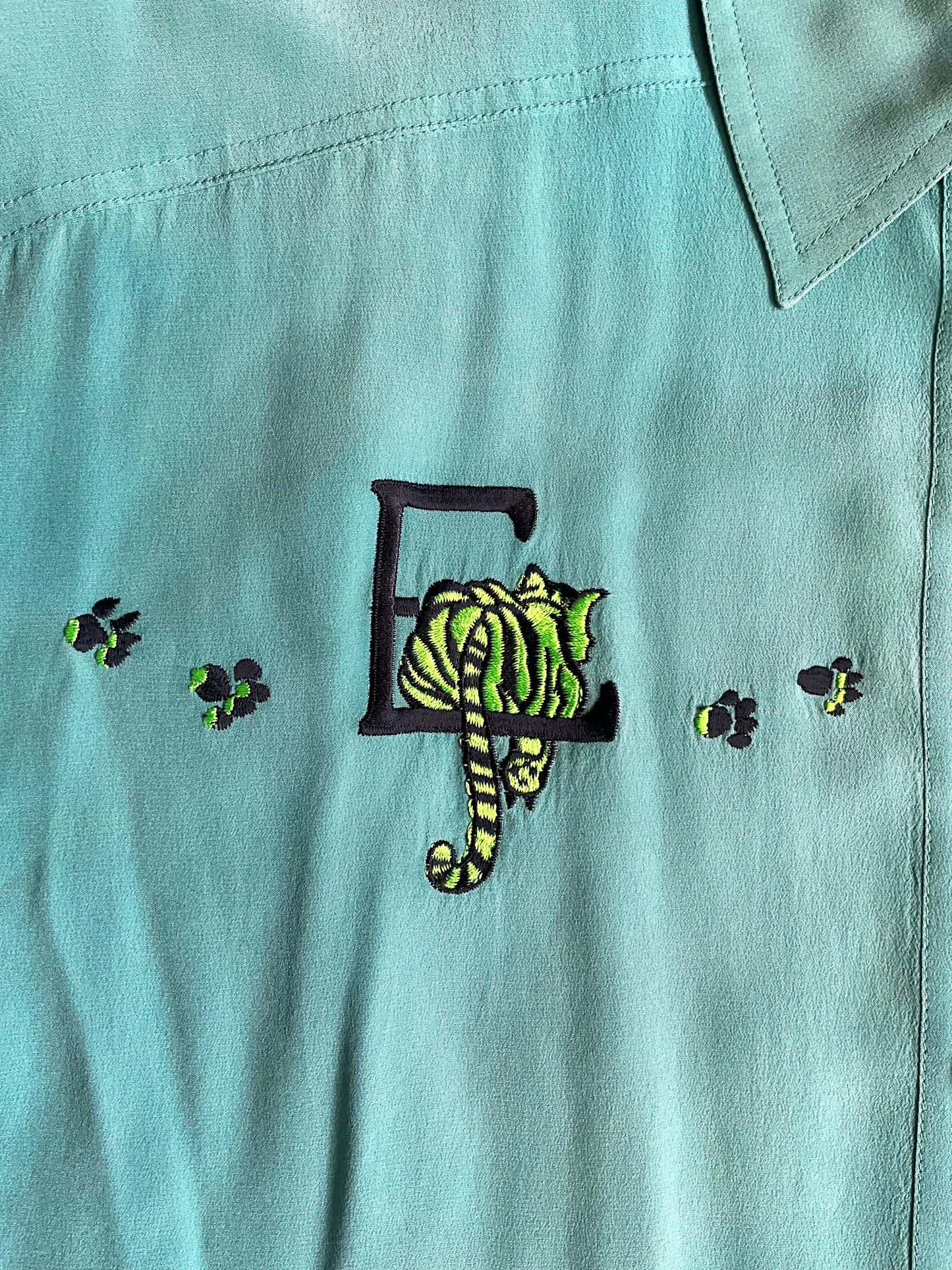 Vintage 1980s Escada Blue Embroidered Tiger Cub Silk Blouse, XL
