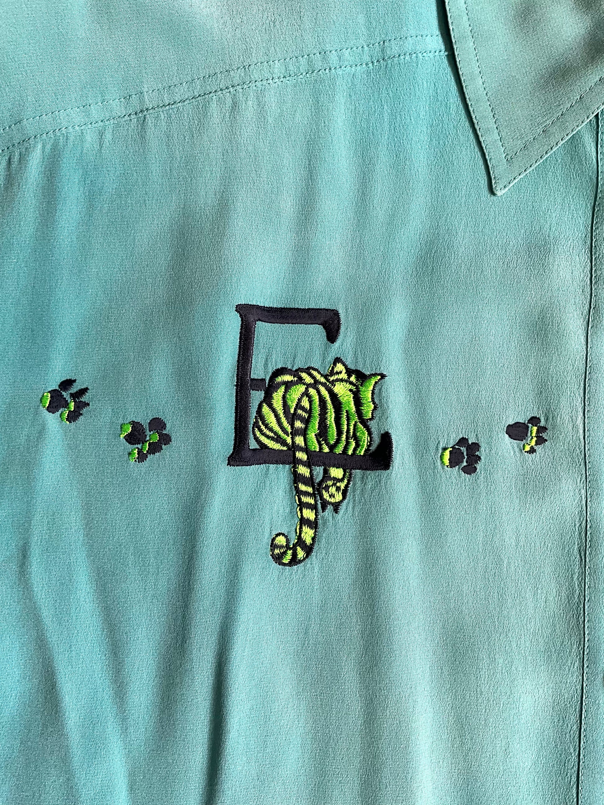 Vintage 1980s Escada Blue Embroidered Tiger Cub Silk Blouse, XL