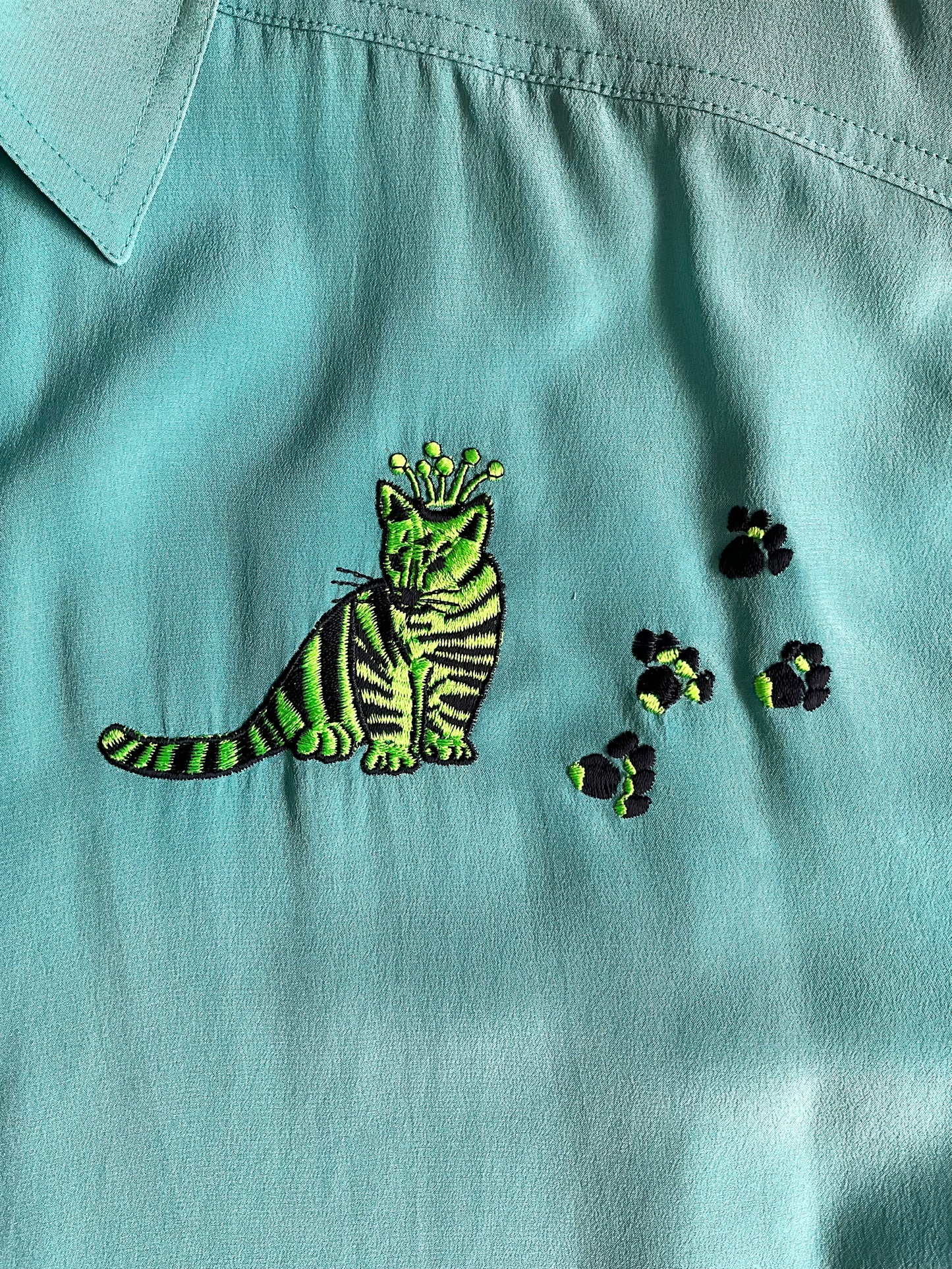Vintage 1980s Escada Blue Embroidered Tiger Cub Silk Blouse, XL