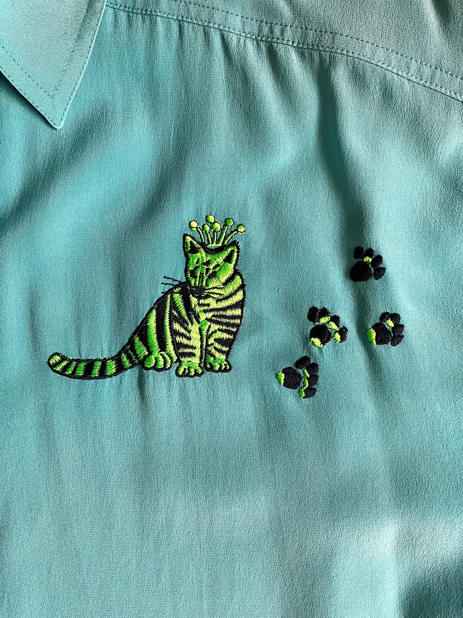 Vintage 1980s Escada Blue Embroidered Tiger Cub Silk Blouse, XL