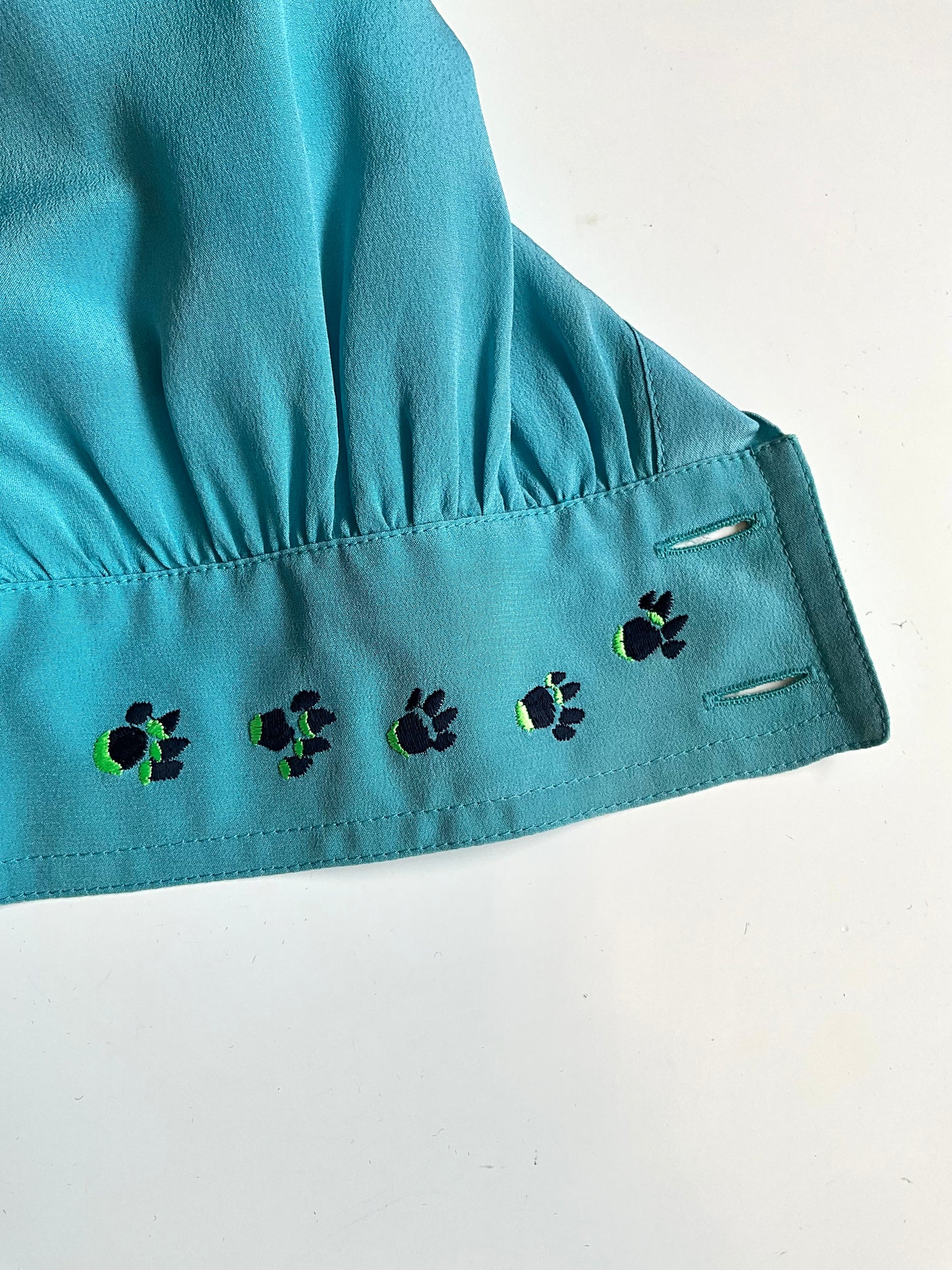 Vintage 1980s Escada Blue Embroidered Tiger Cub Silk Blouse, XL