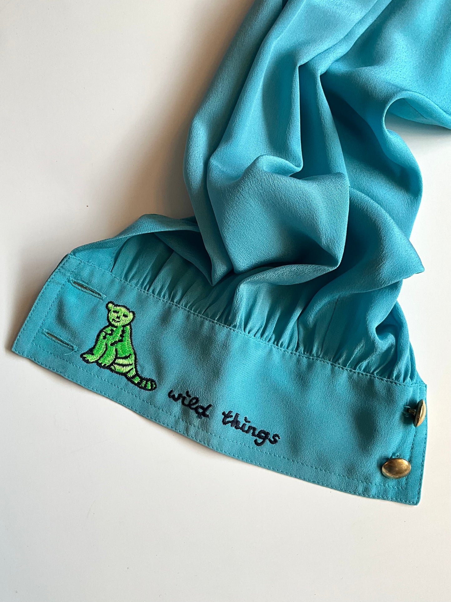 Vintage 1980s Escada Blue Embroidered Tiger Cub Silk Blouse, XL