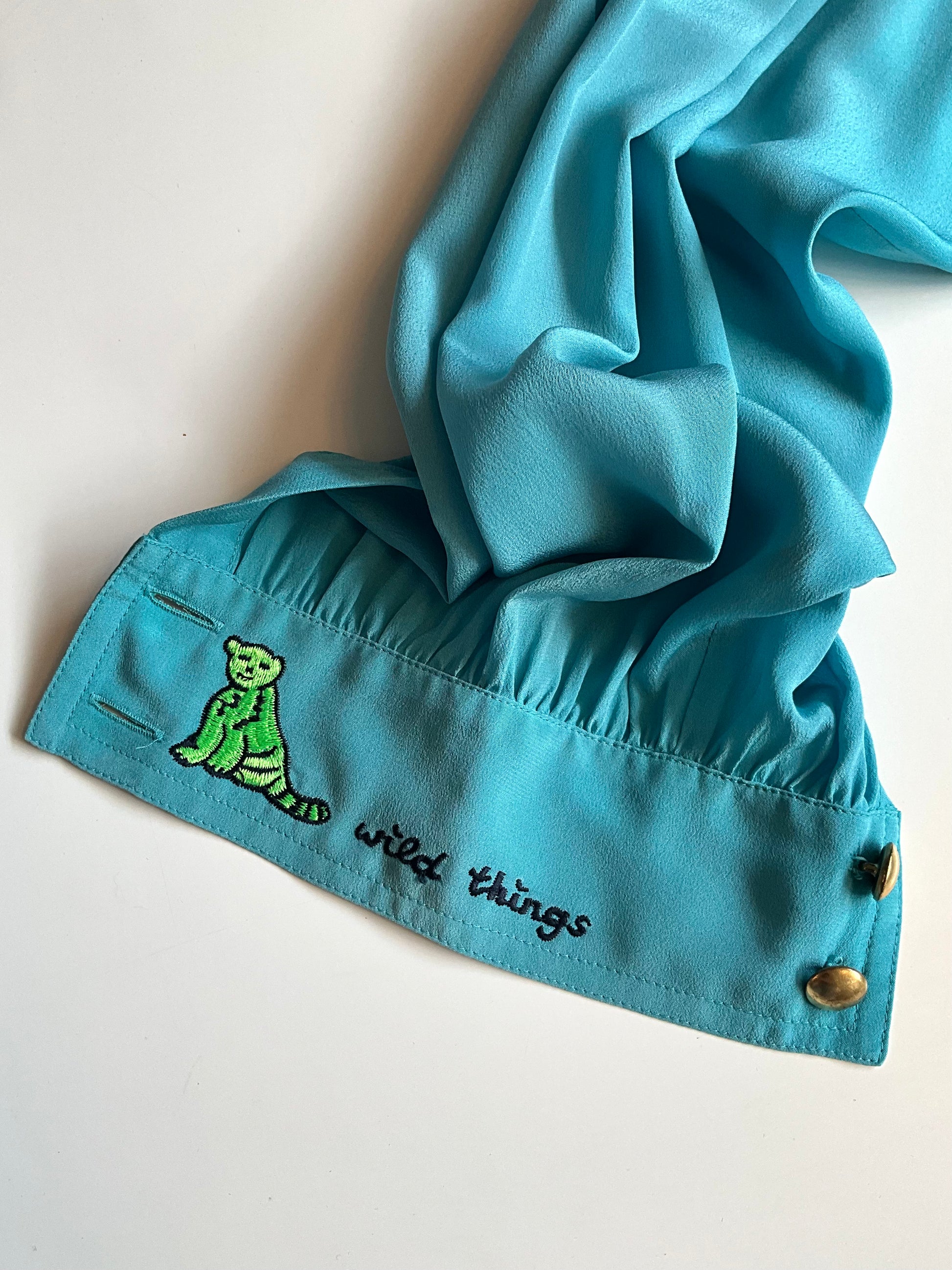 Vintage 1980s Escada Blue Embroidered Tiger Cub Silk Blouse, XL