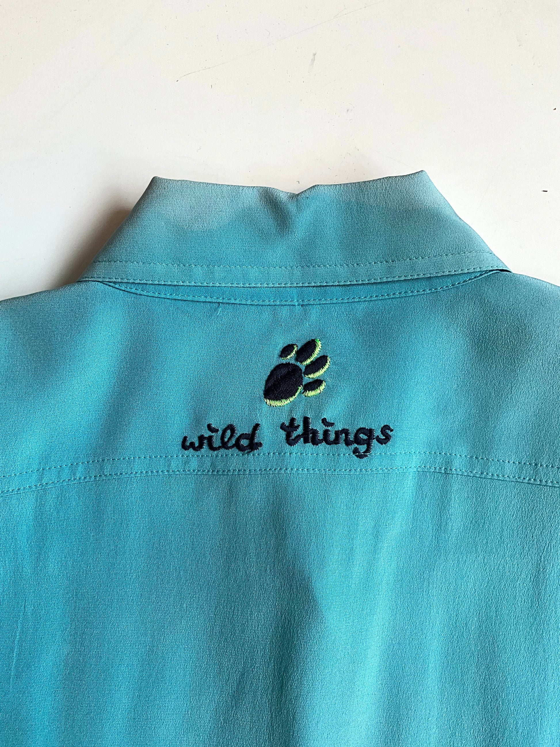 Vintage 1980s Escada Blue Embroidered Tiger Cub Silk Blouse, XL