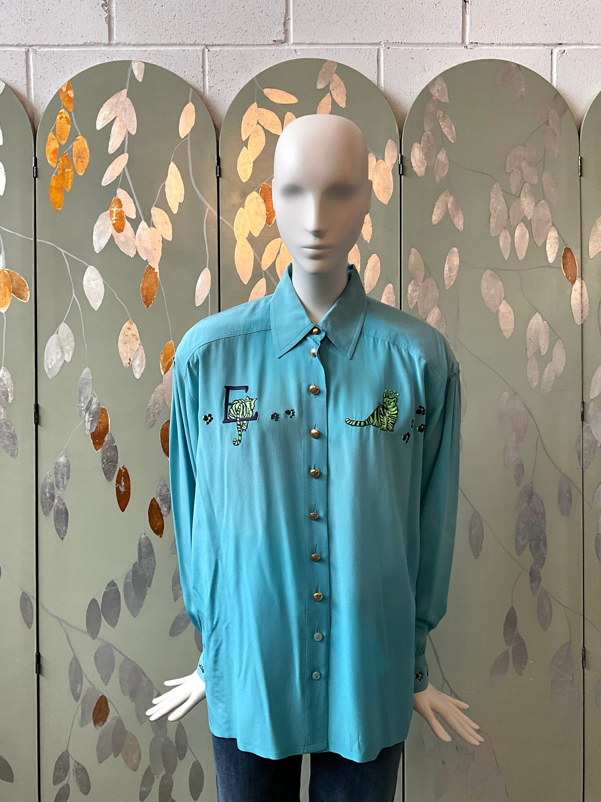 Vintage 1980s Escada Blue Embroidered Tiger Cub Silk Blouse, XL