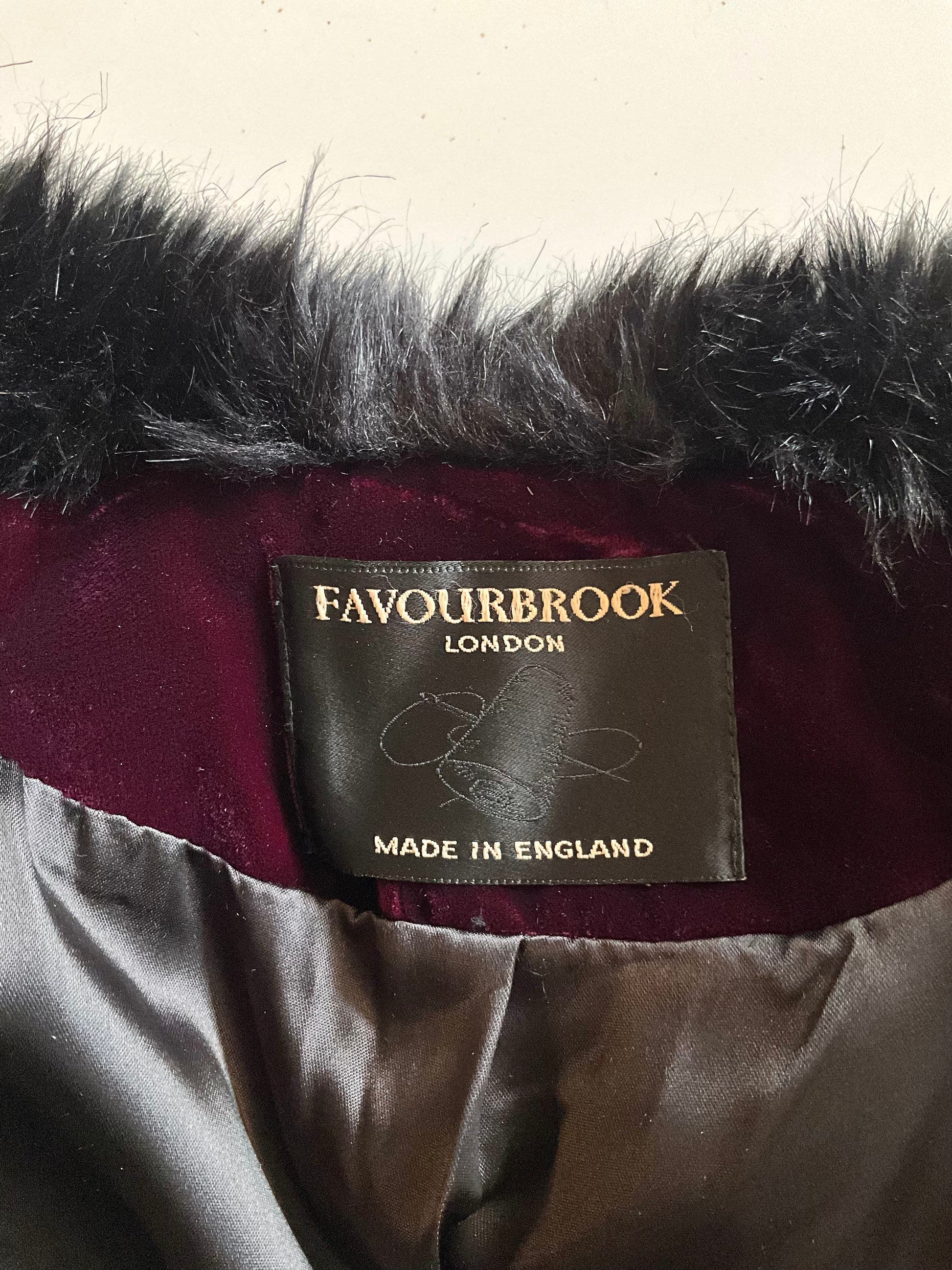 Favourbrook London Maroon Velvet Embroidered Coat with Faux Fur Collar, Small 