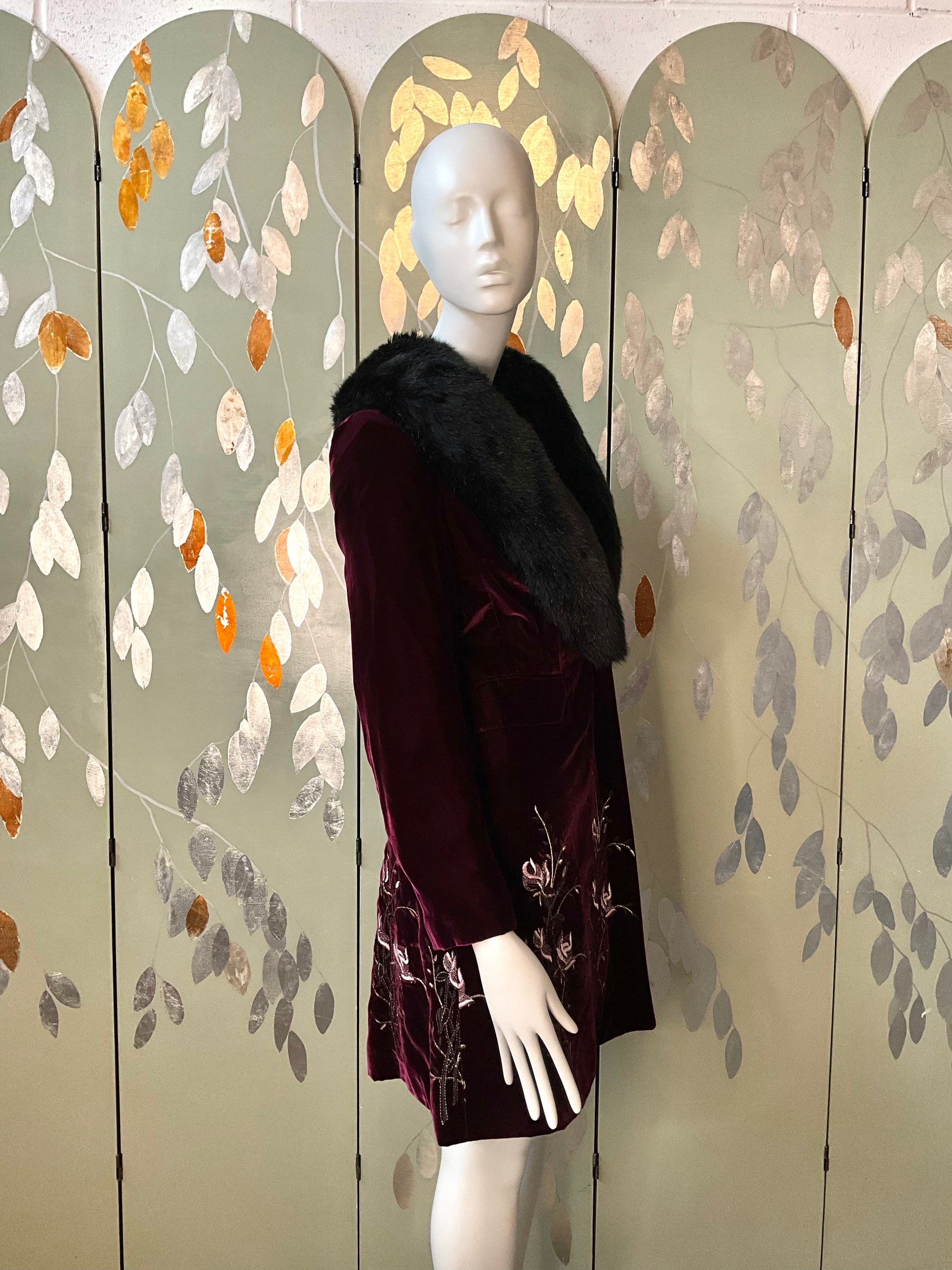 Favourbrook London Maroon Velvet Embroidered Coat with Faux Fur Collar, Small 