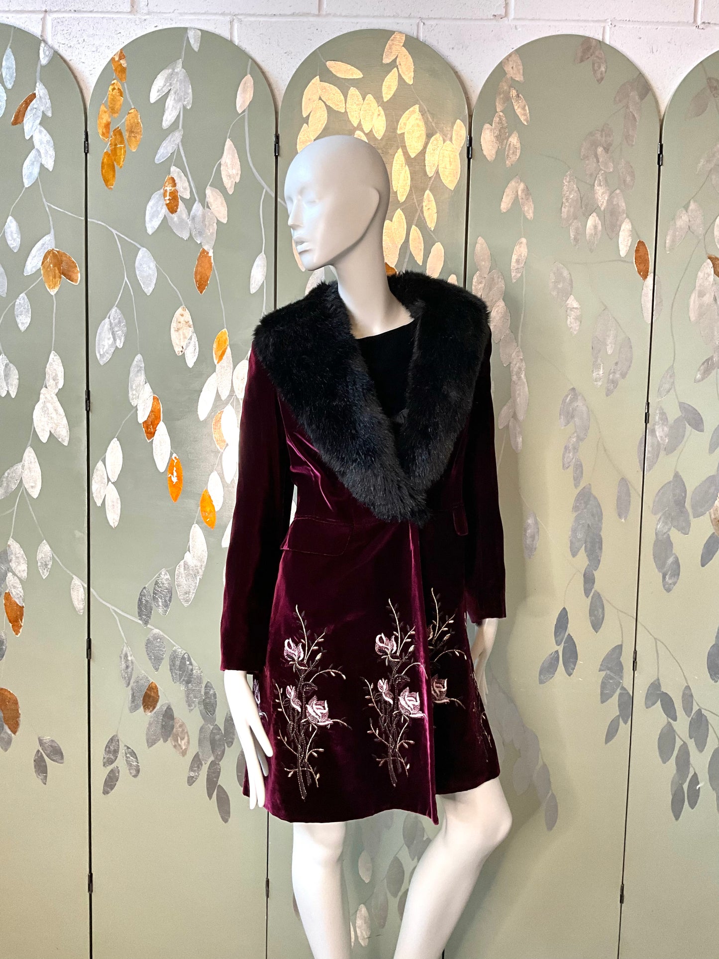 Favourbrook London Maroon Velvet Embroidered Coat with Faux Fur Collar, Small 