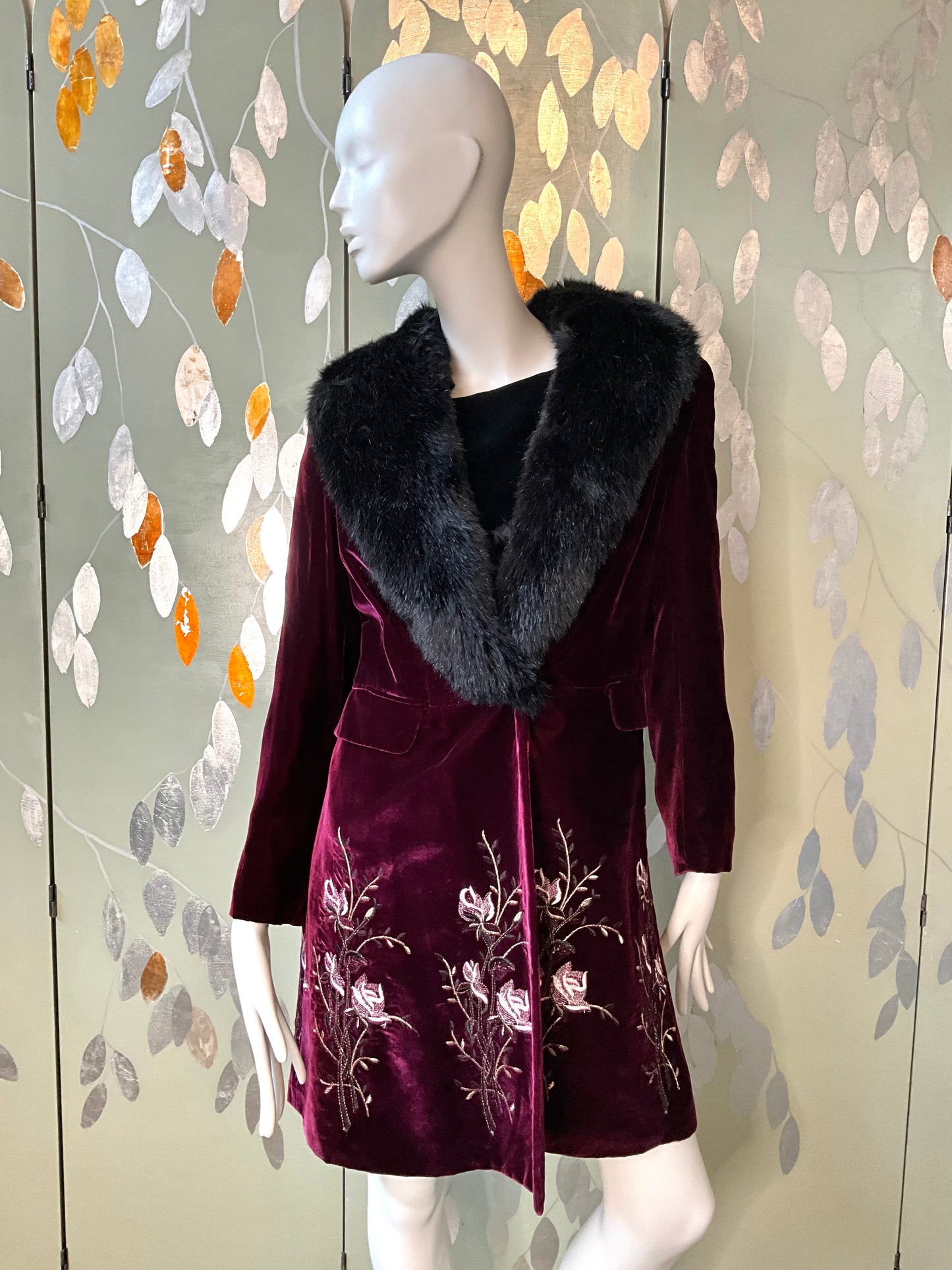 Favourbrook London Maroon Velvet Embroidered Coat with Faux Fur Collar, Small 