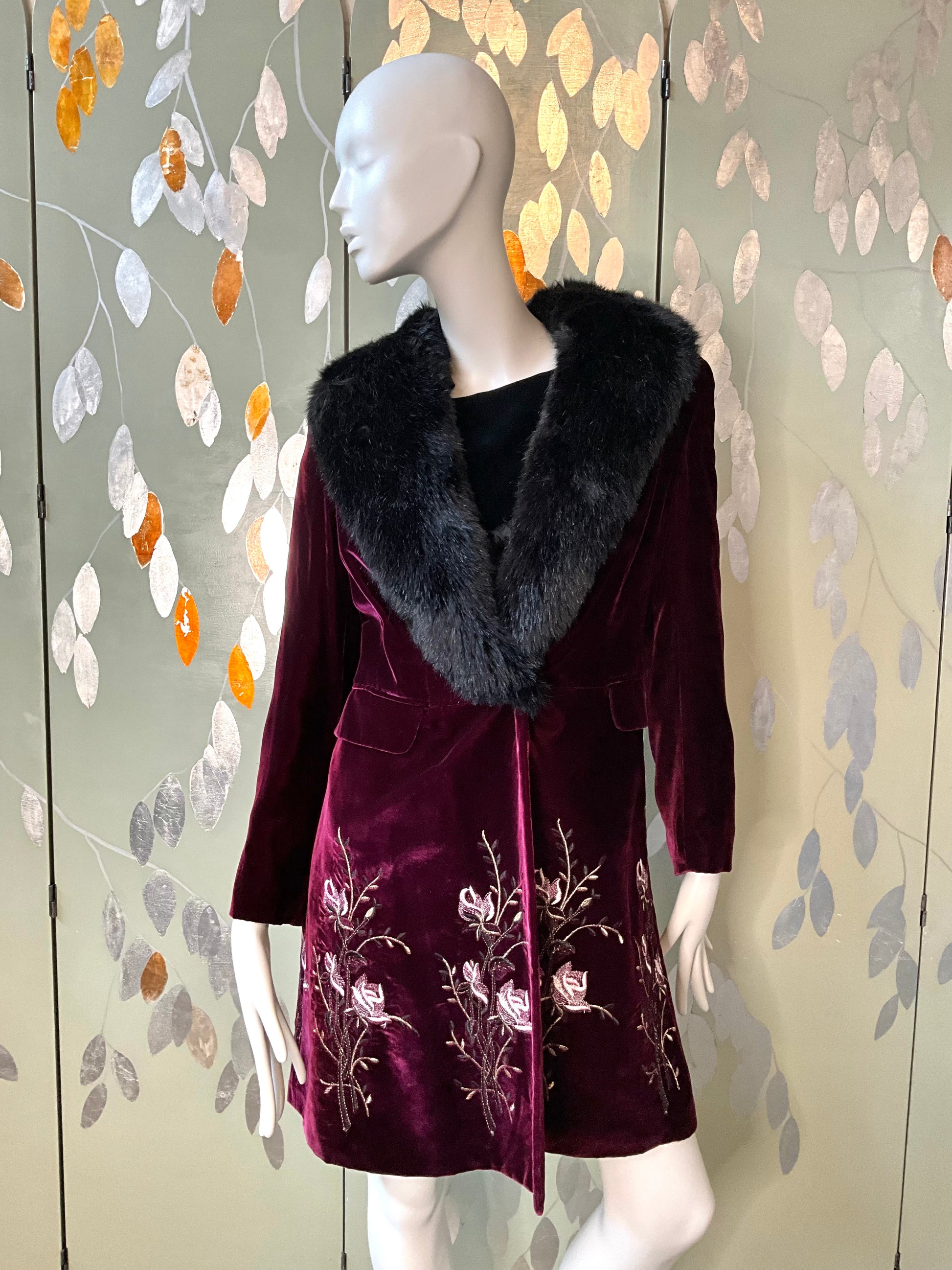 Favourbrook London Maroon Velvet Embroidered Coat with Faux Fur Collar, Small 