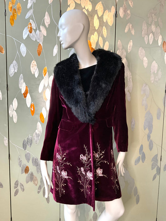 Favourbrook London Maroon Velvet Embroidered Coat with Faux Fur Collar, Small 