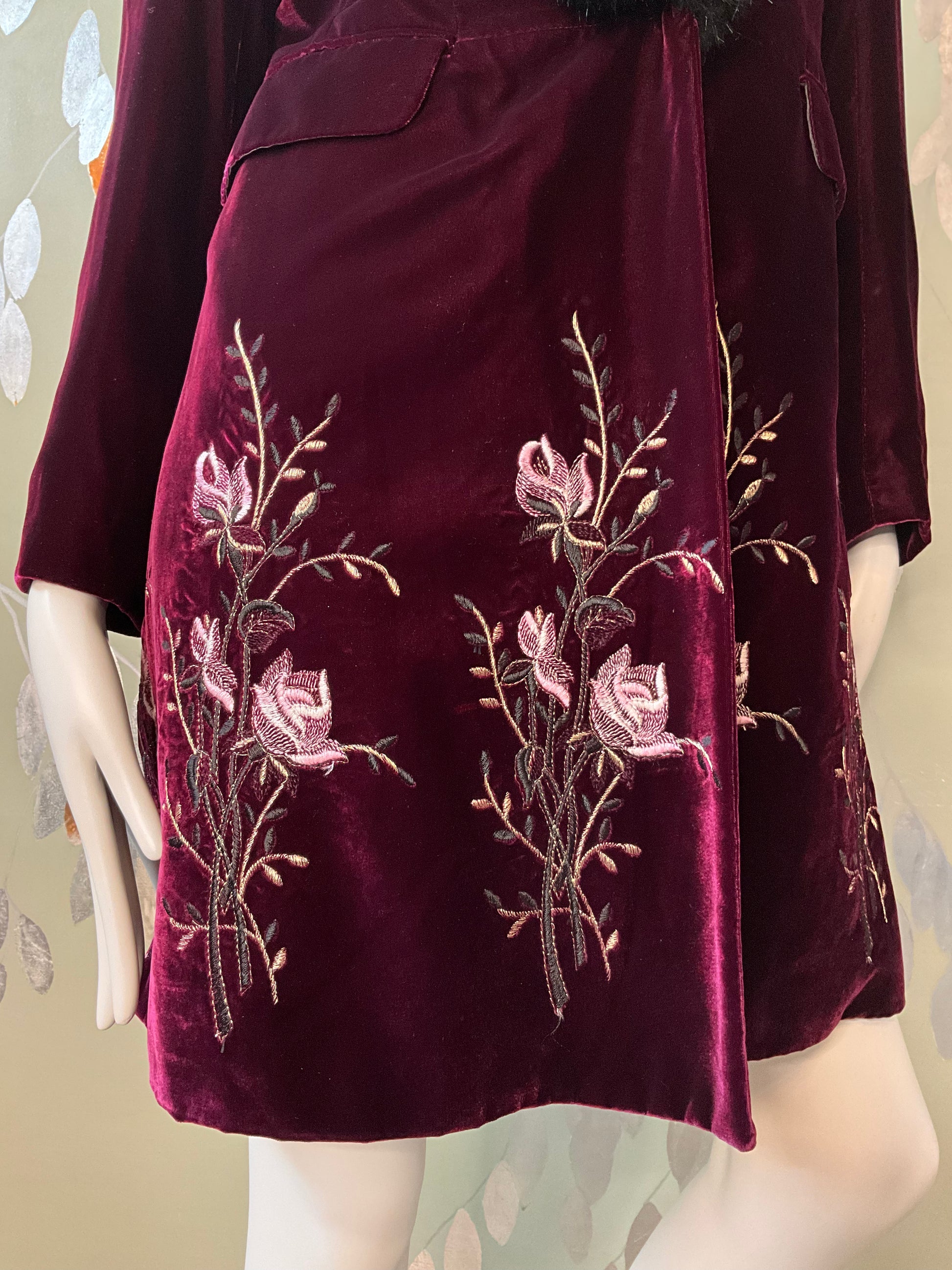 Favourbrook London Maroon Velvet Embroidered Coat with Faux Fur Collar, Small 