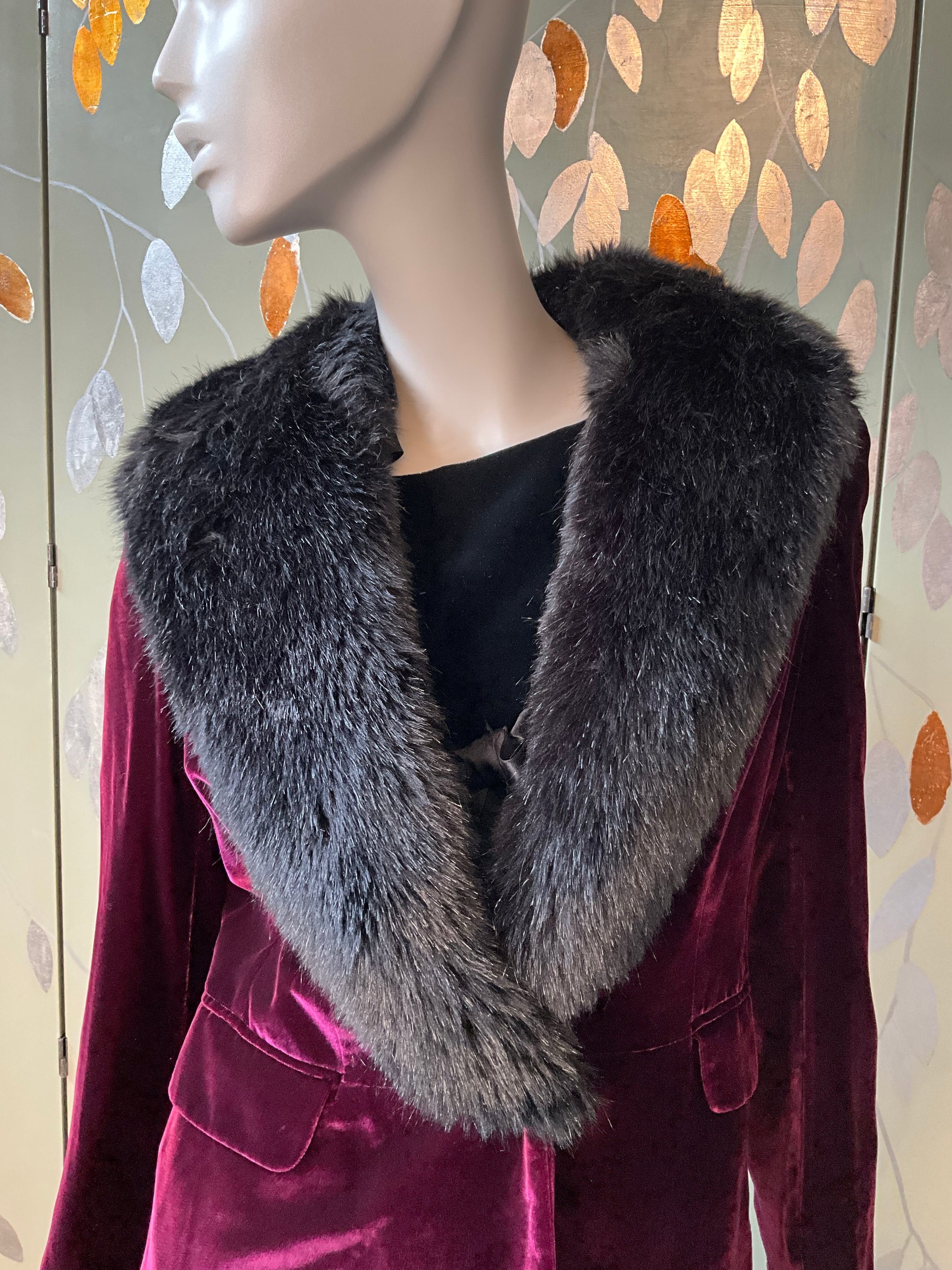 Favourbrook London Maroon Velvet Embroidered Coat with Faux Fur Collar, Small 