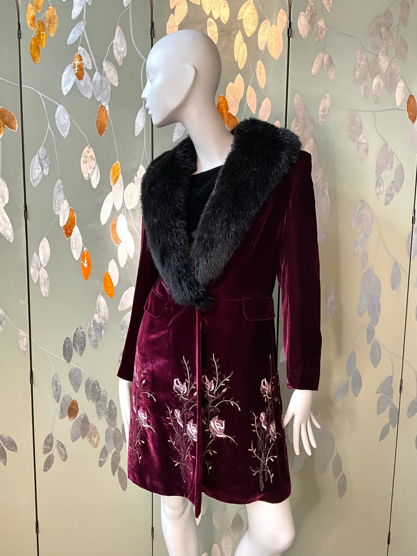 Favourbrook London Maroon Velvet Embroidered Coat with Faux Fur Collar, Small 