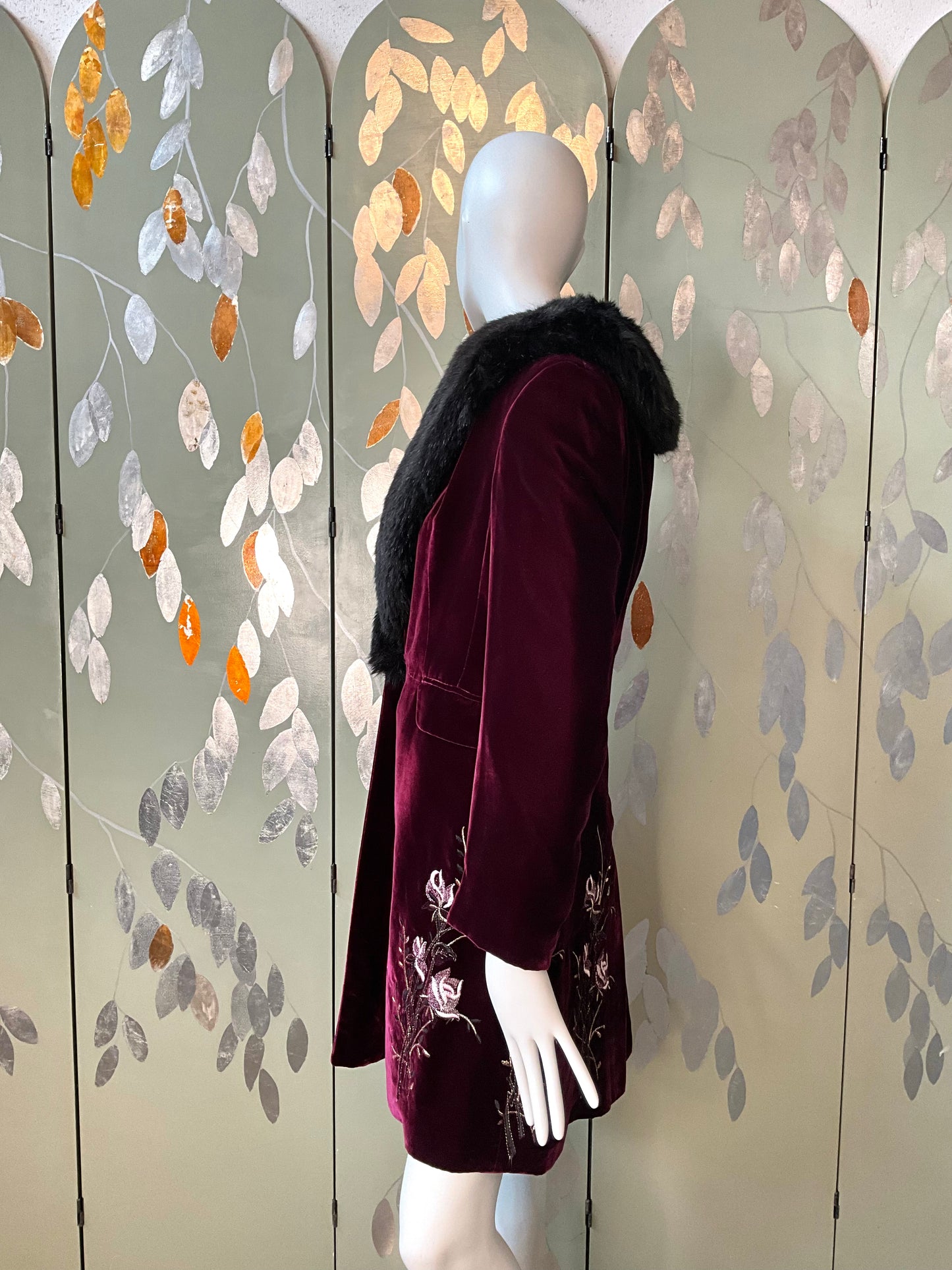 Favourbrook London Maroon Velvet Embroidered Coat with Faux Fur Collar, Small 