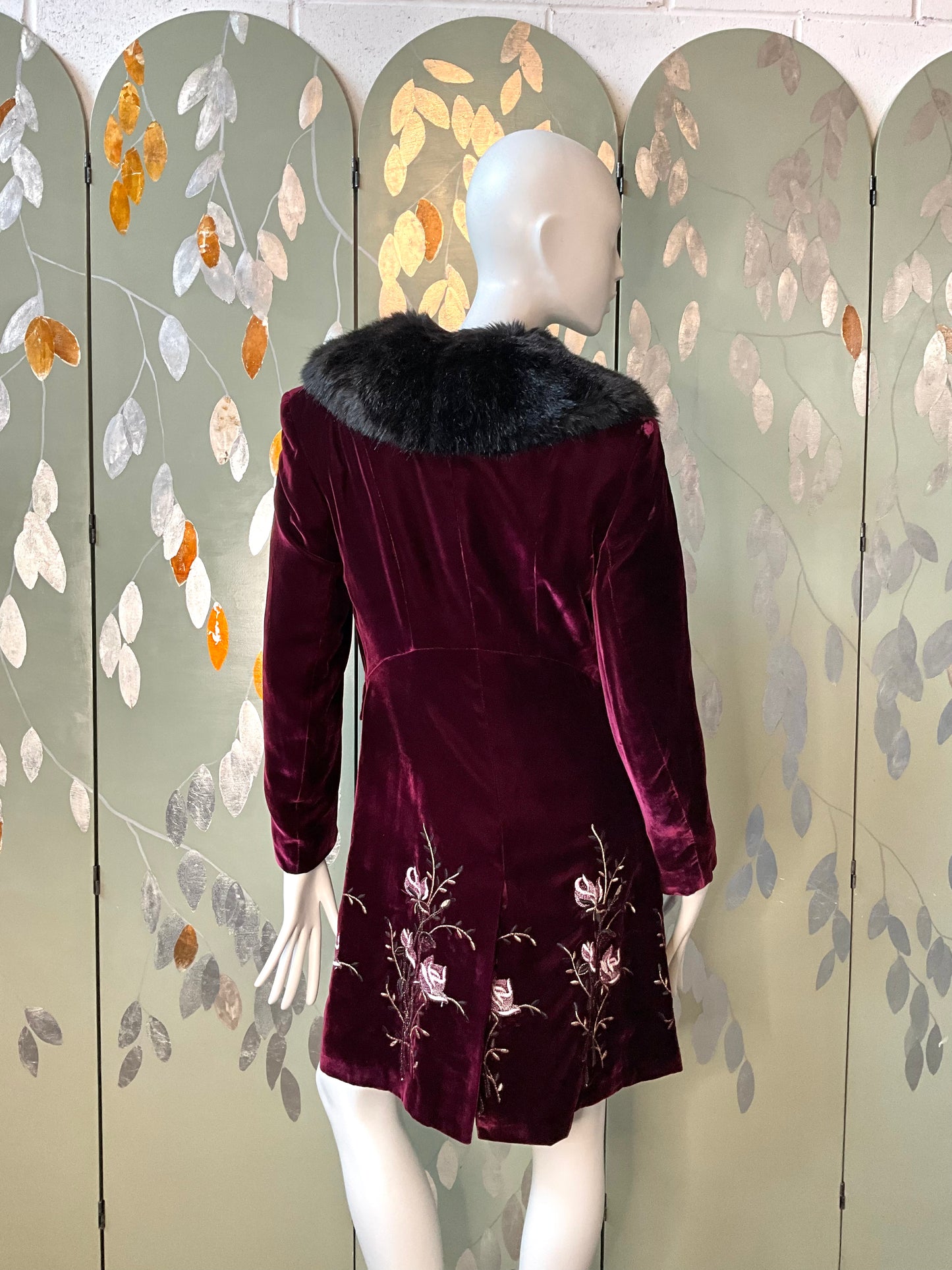 Favourbrook London Maroon Velvet Embroidered Coat with Faux Fur Collar, Small 